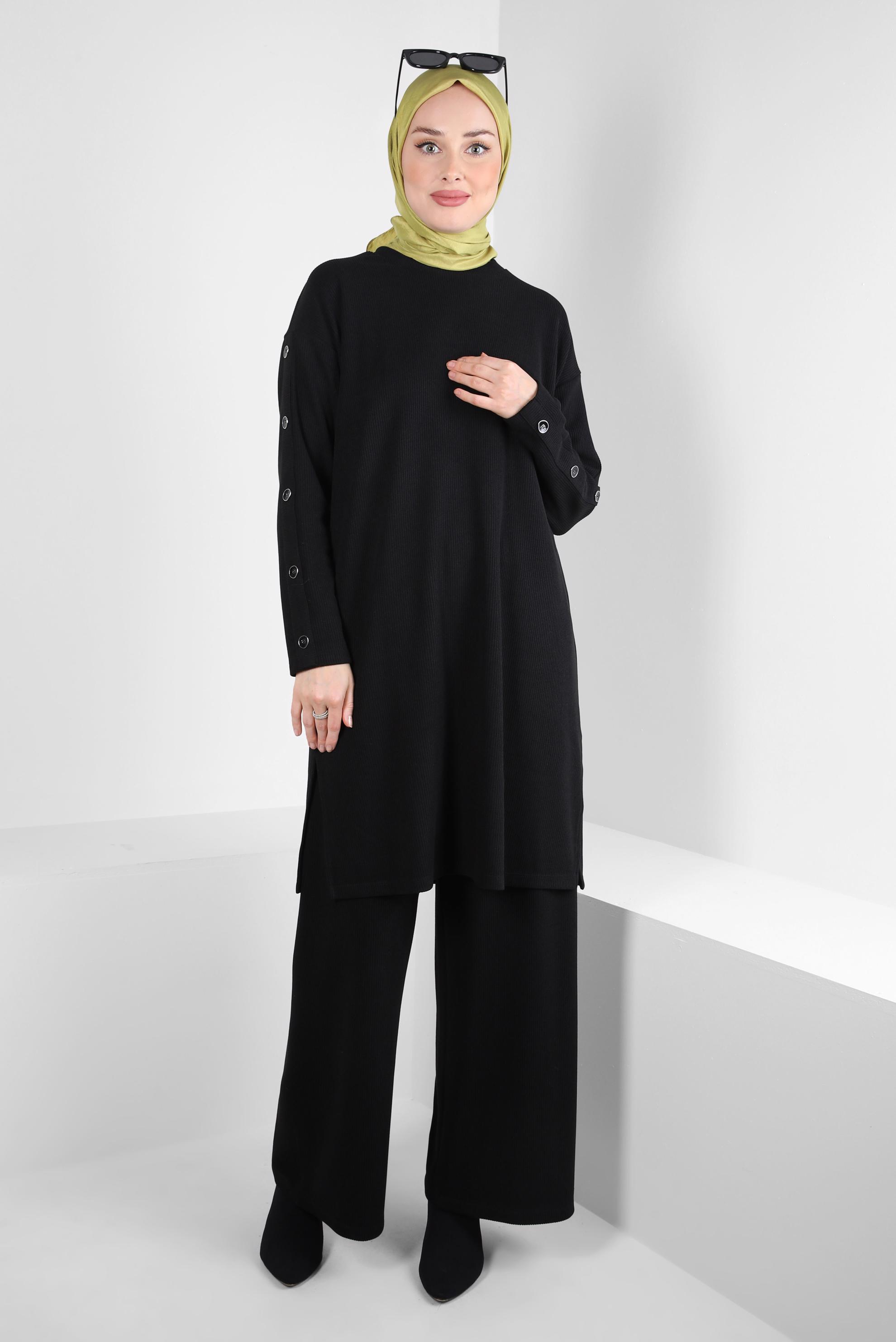 Tesettür giyim SİYAH GENİŞ PAÇA PANTOLONLU TAKIM 44340