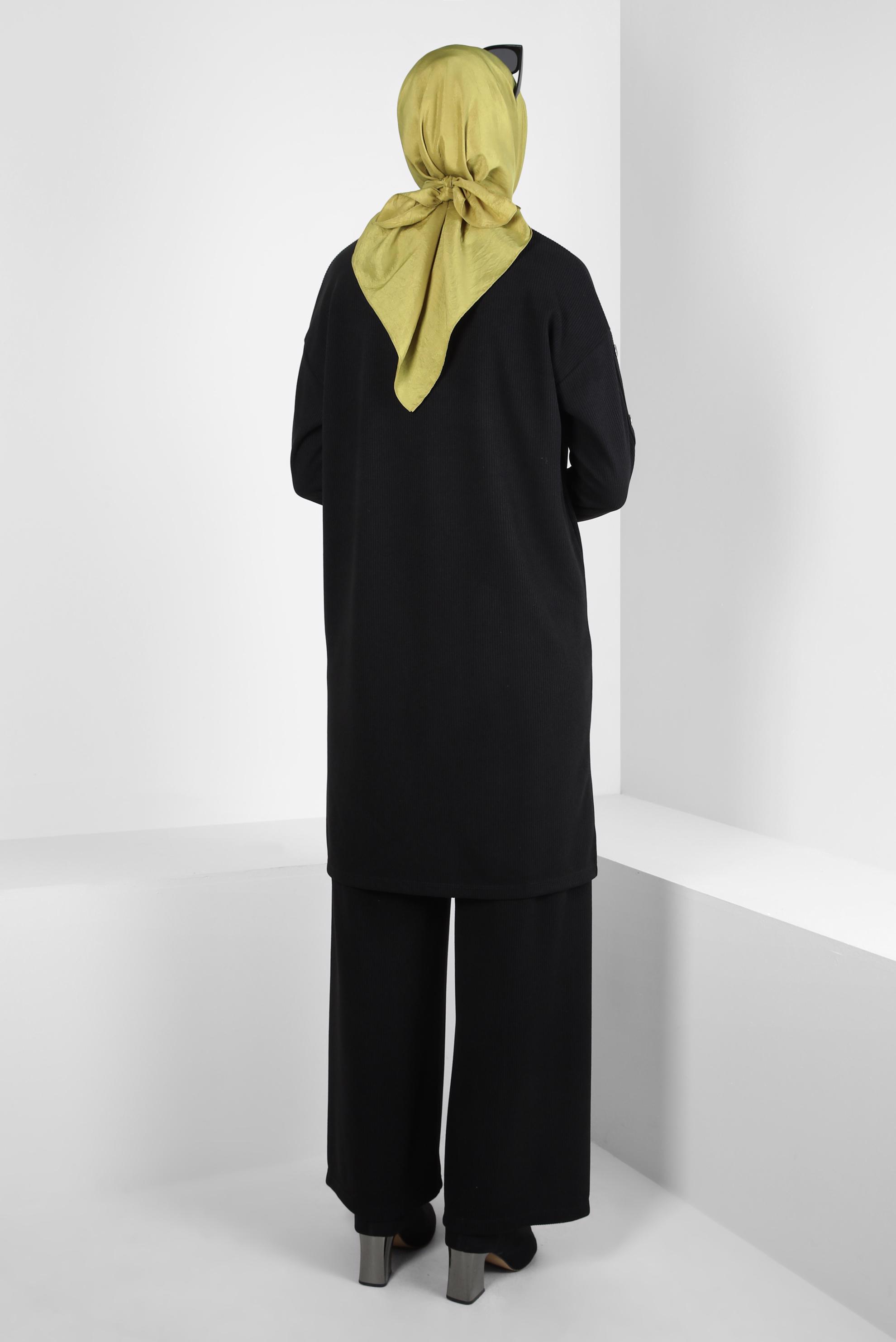 Tesettür giyim SİYAH GENİŞ PAÇA PANTOLONLU TAKIM 44340