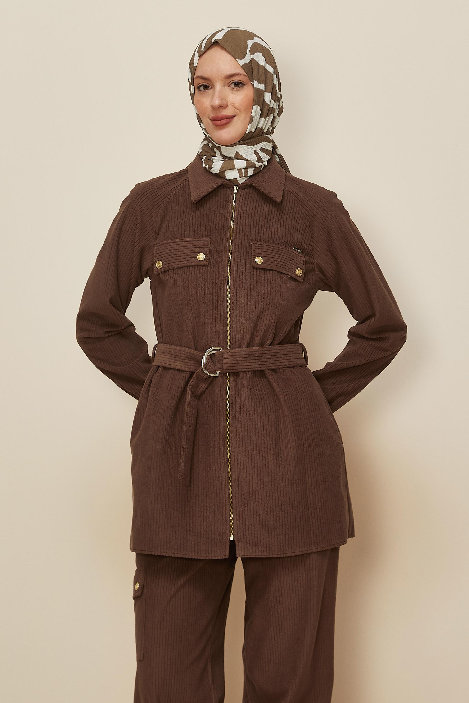 Vêtements hijab BRUN ENSEMBLE PANTALON EN VELOURS CEINTURÉ 44342