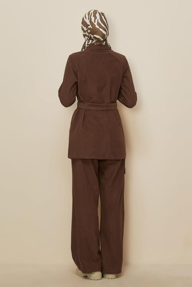 Tesettür giyim KAHVE KADİFE PANTOLONLU TAKIM 44342 - ALVİNA