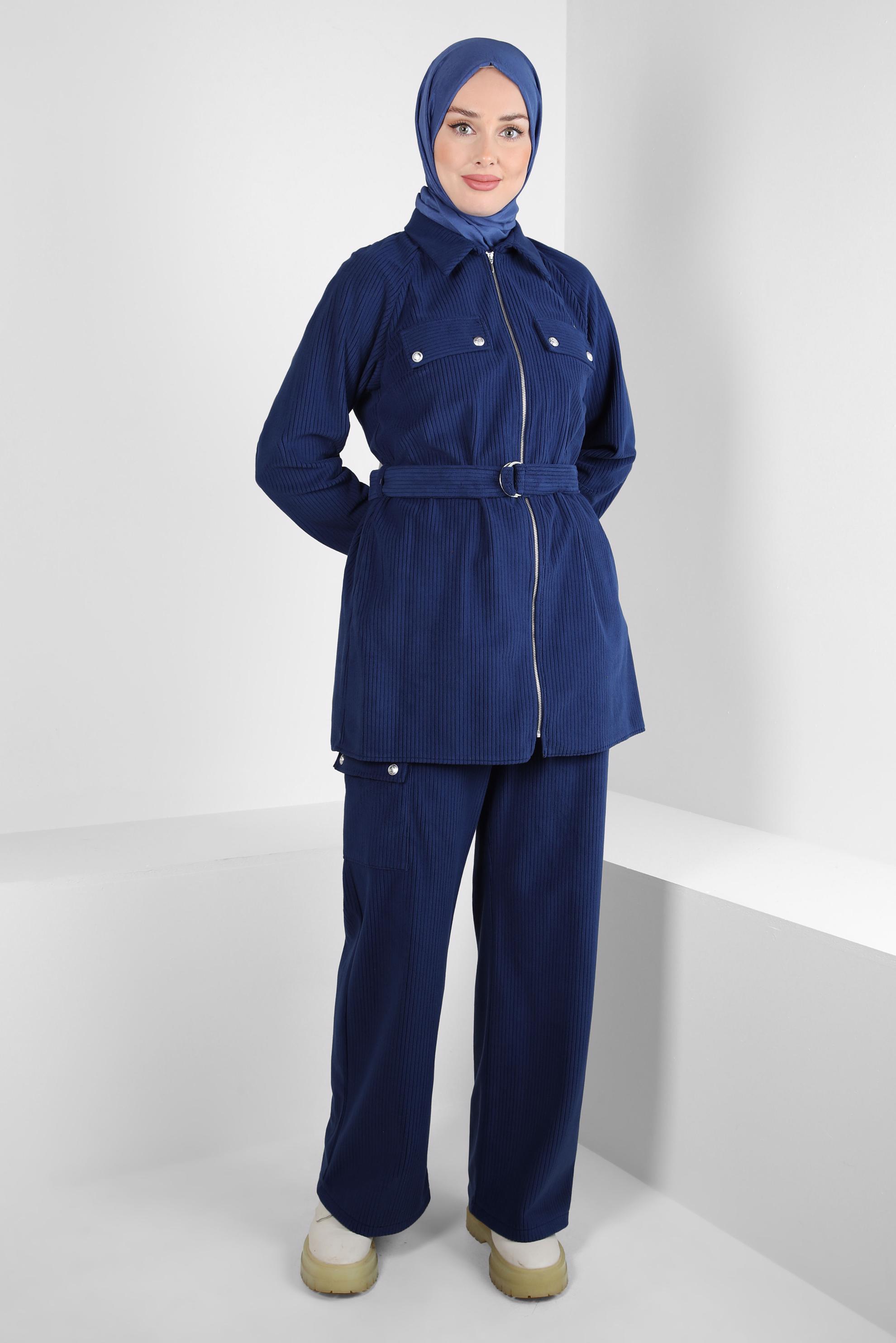 Tesettür giyim LACİVERT KUŞAKLI PANTOLONLU KADİFE TAKIM 44342
