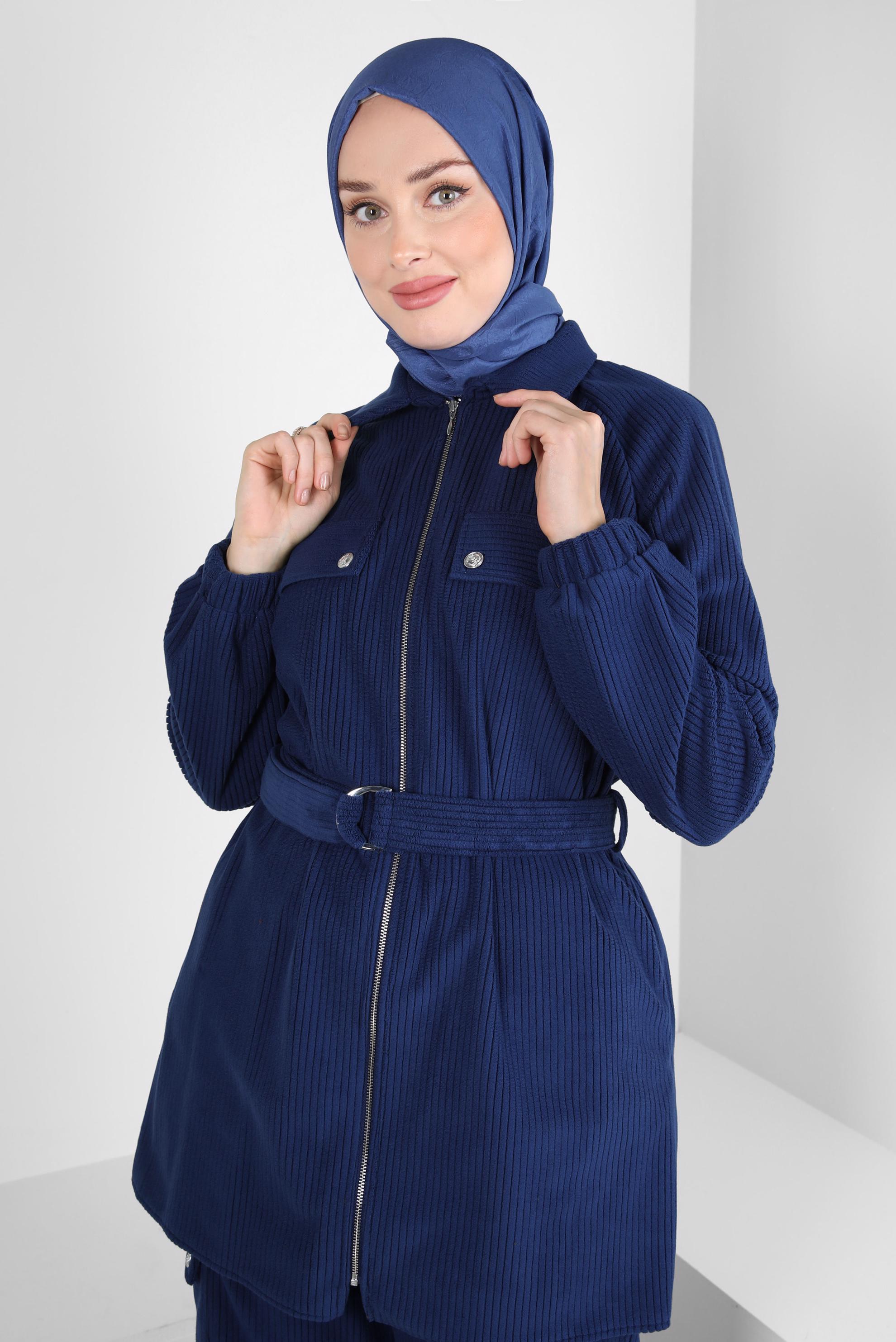 Tesettür giyim LACİVERT KUŞAKLI PANTOLONLU KADİFE TAKIM 44342