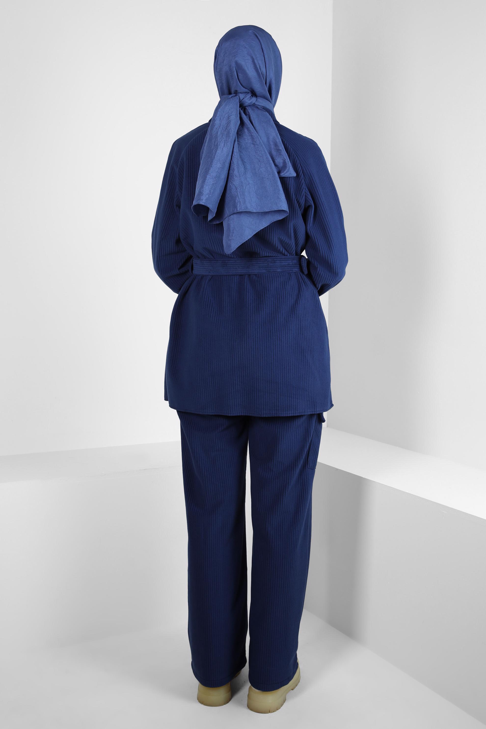 Tesettür giyim LACİVERT KUŞAKLI PANTOLONLU KADİFE TAKIM 44342