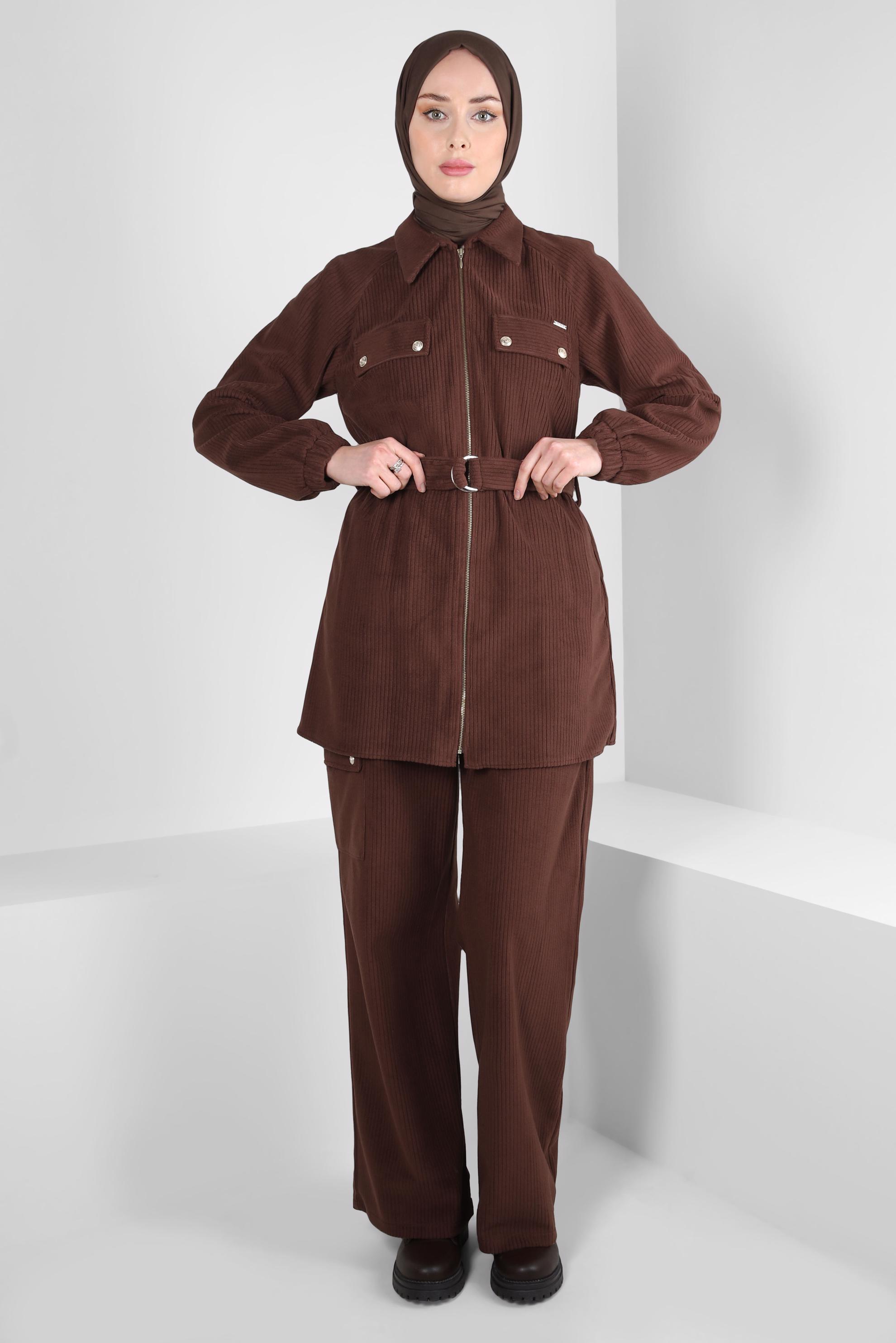 Tesettür giyim BORDO KUŞAKLI PANTOLONLU KADİFE TAKIM 44342