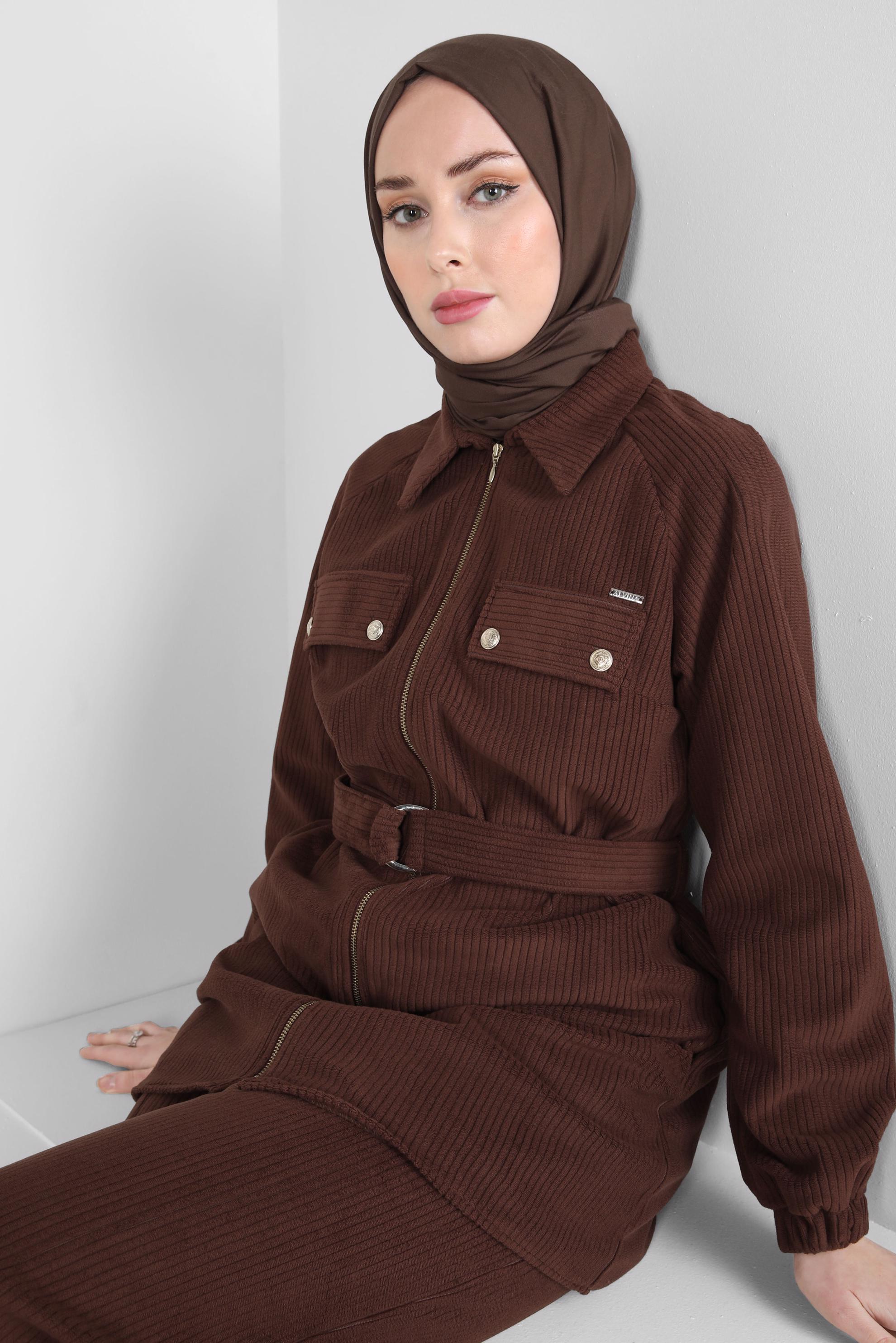 Tesettür giyim BORDO KUŞAKLI PANTOLONLU KADİFE TAKIM 44342
