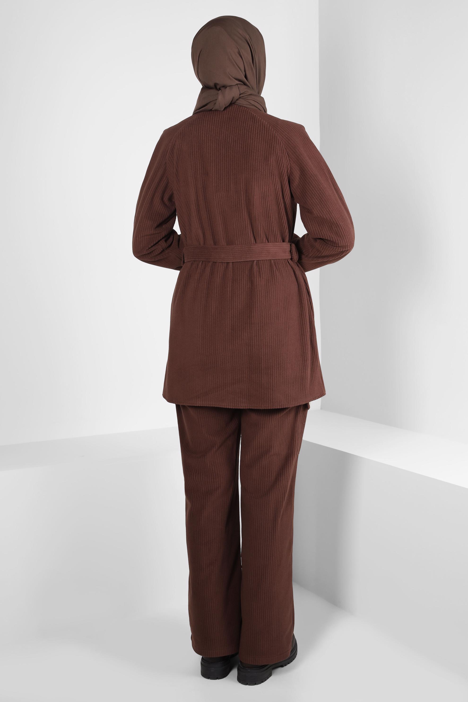 Tesettür giyim BORDO KUŞAKLI PANTOLONLU KADİFE TAKIM 44342