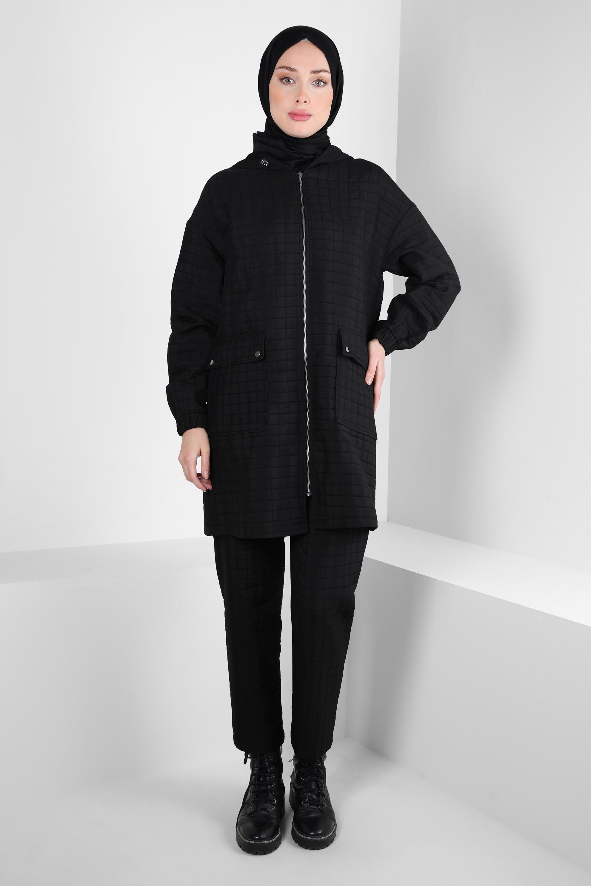 Tesettür giyim SİYAH KAPÜŞONLU PANTOLONLU TAKIM 44359