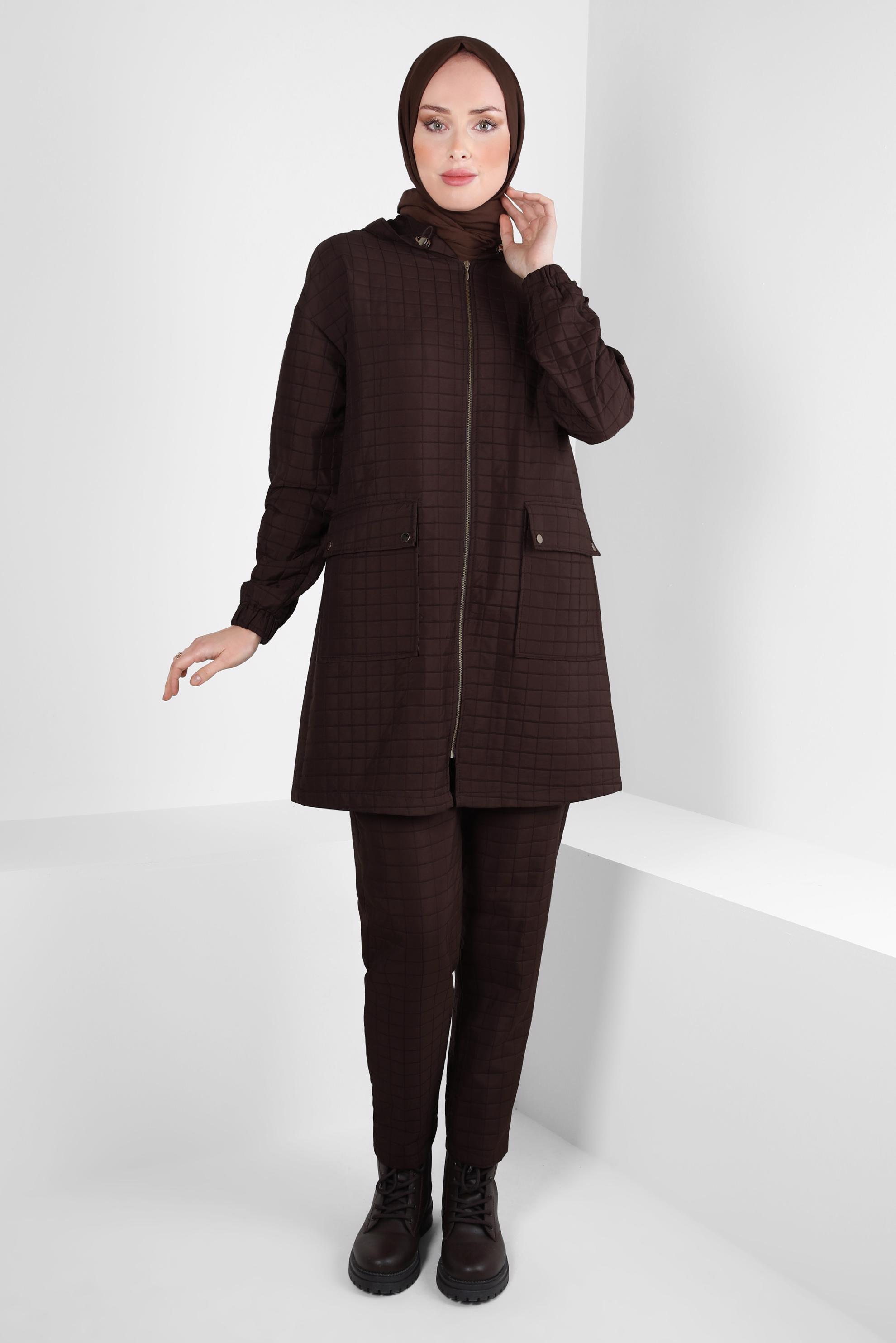 Tesettür giyim KAHVE KAPÜŞONLU PANTOLONLU TAKIM 44359