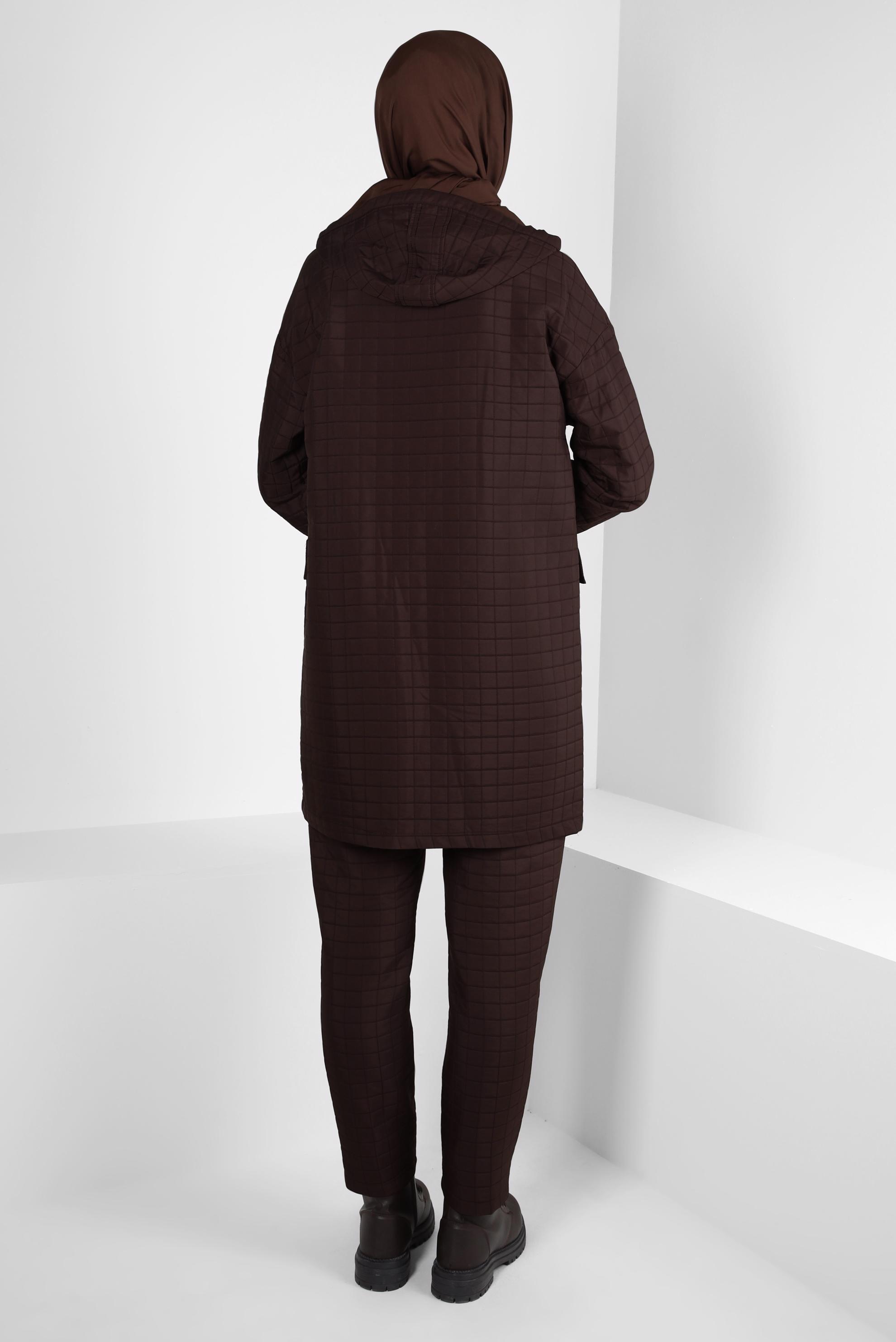 Tesettür giyim KAHVE KAPÜŞONLU PANTOLONLU TAKIM 44359