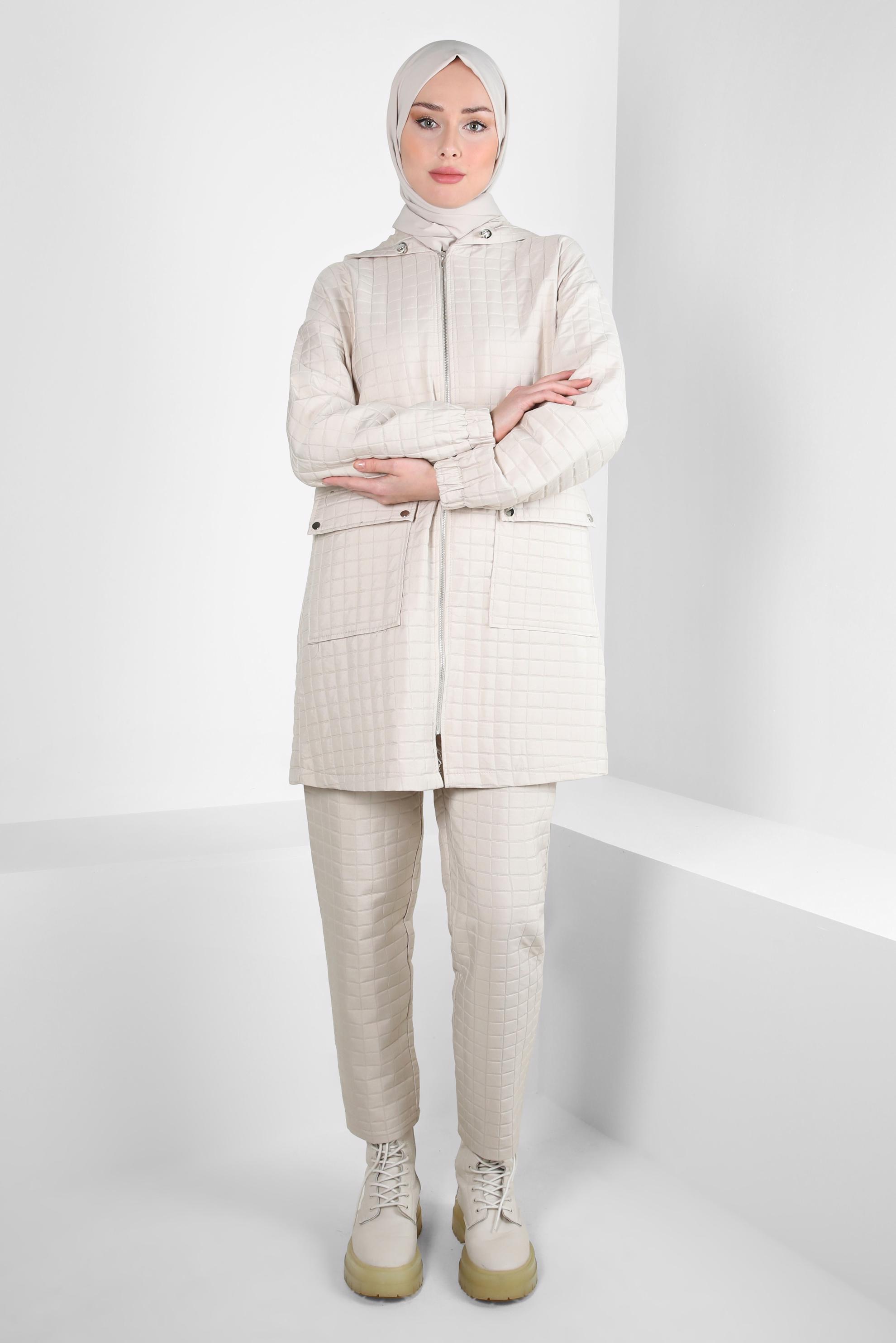 Tesettür giyim BEJ KAPÜŞONLU PANTOLONLU TAKIM 44359