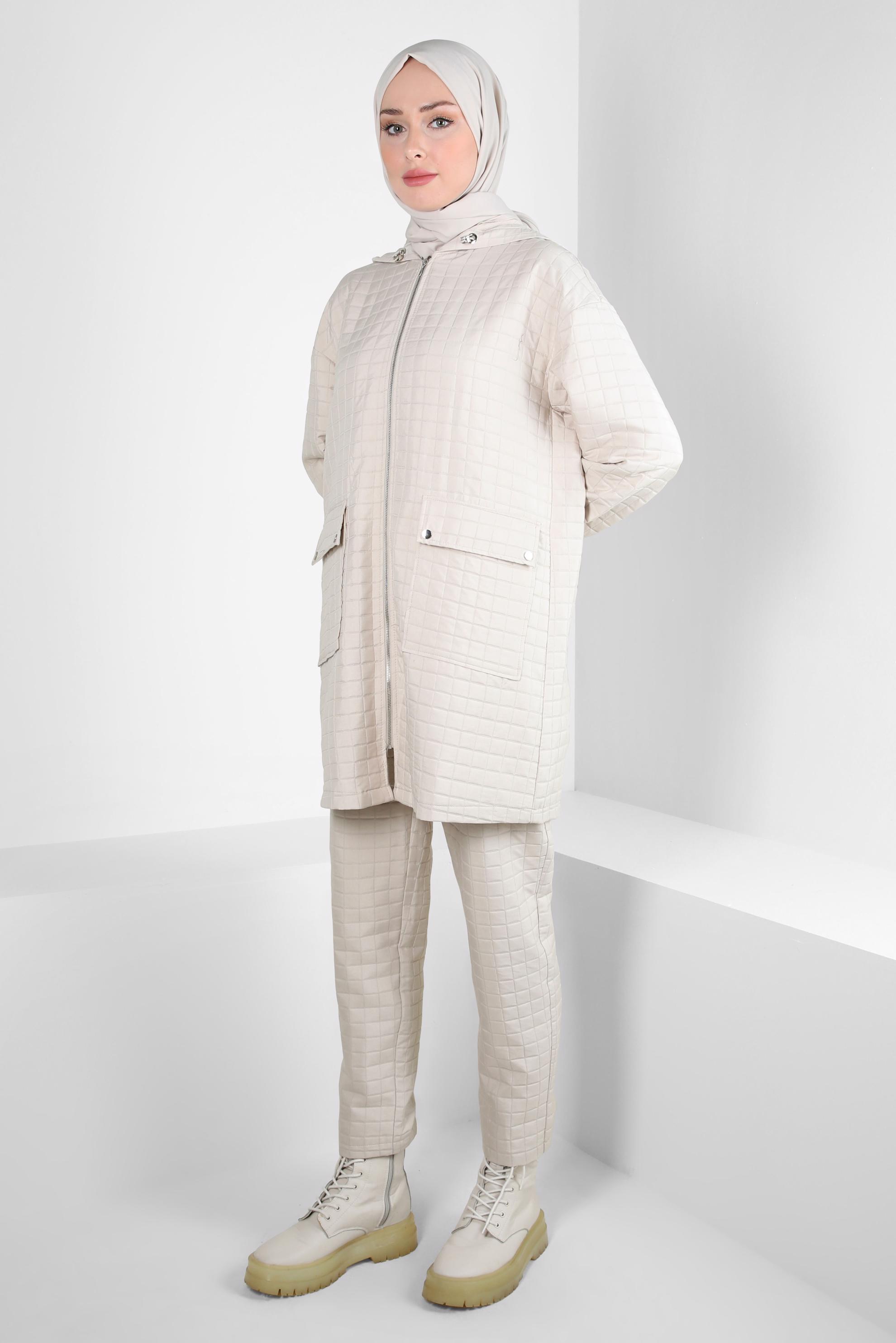 Tesettür giyim BEJ KAPÜŞONLU PANTOLONLU TAKIM 44359