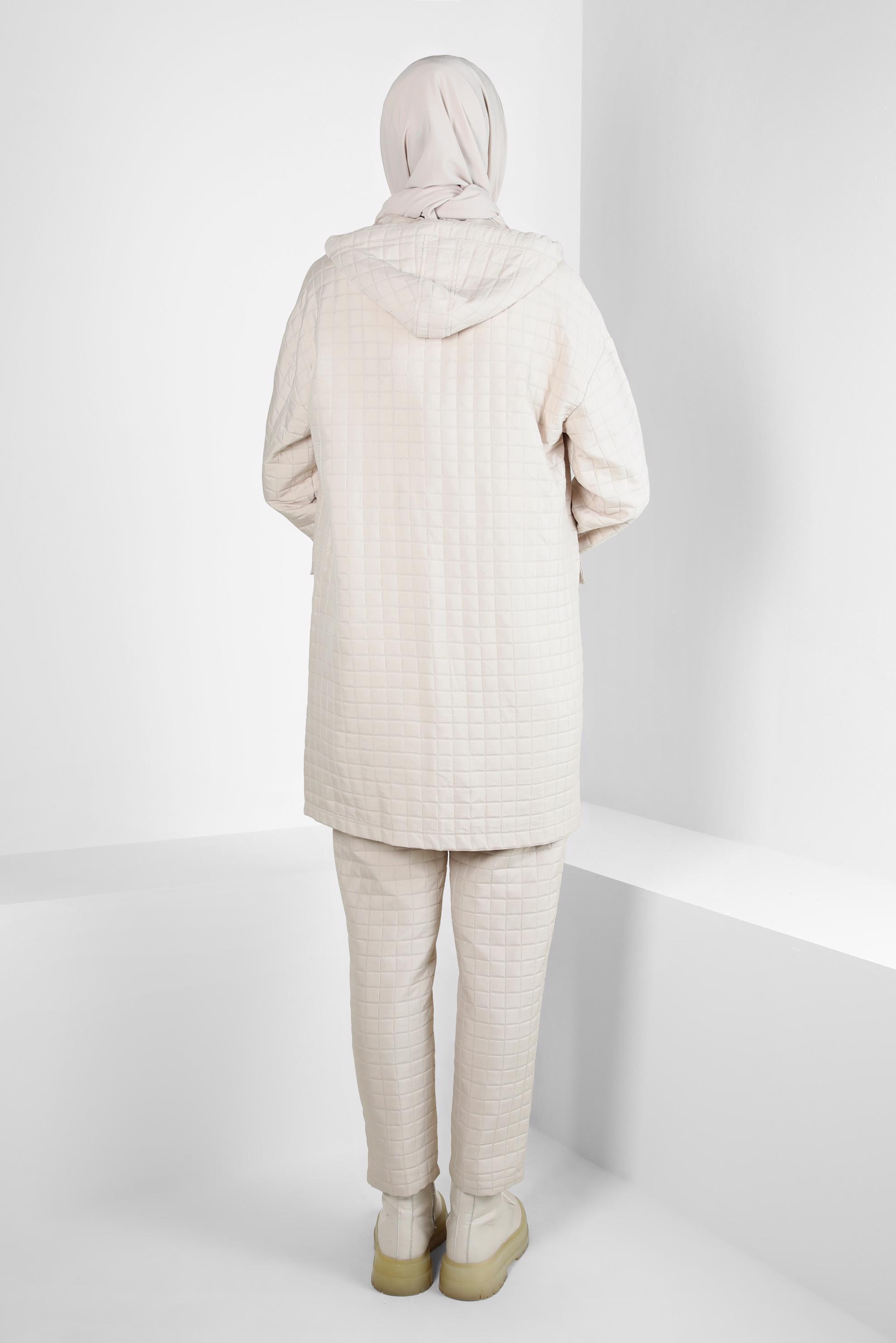 Tesettür giyim BEJ KAPÜŞONLU PANTOLONLU TAKIM 44359