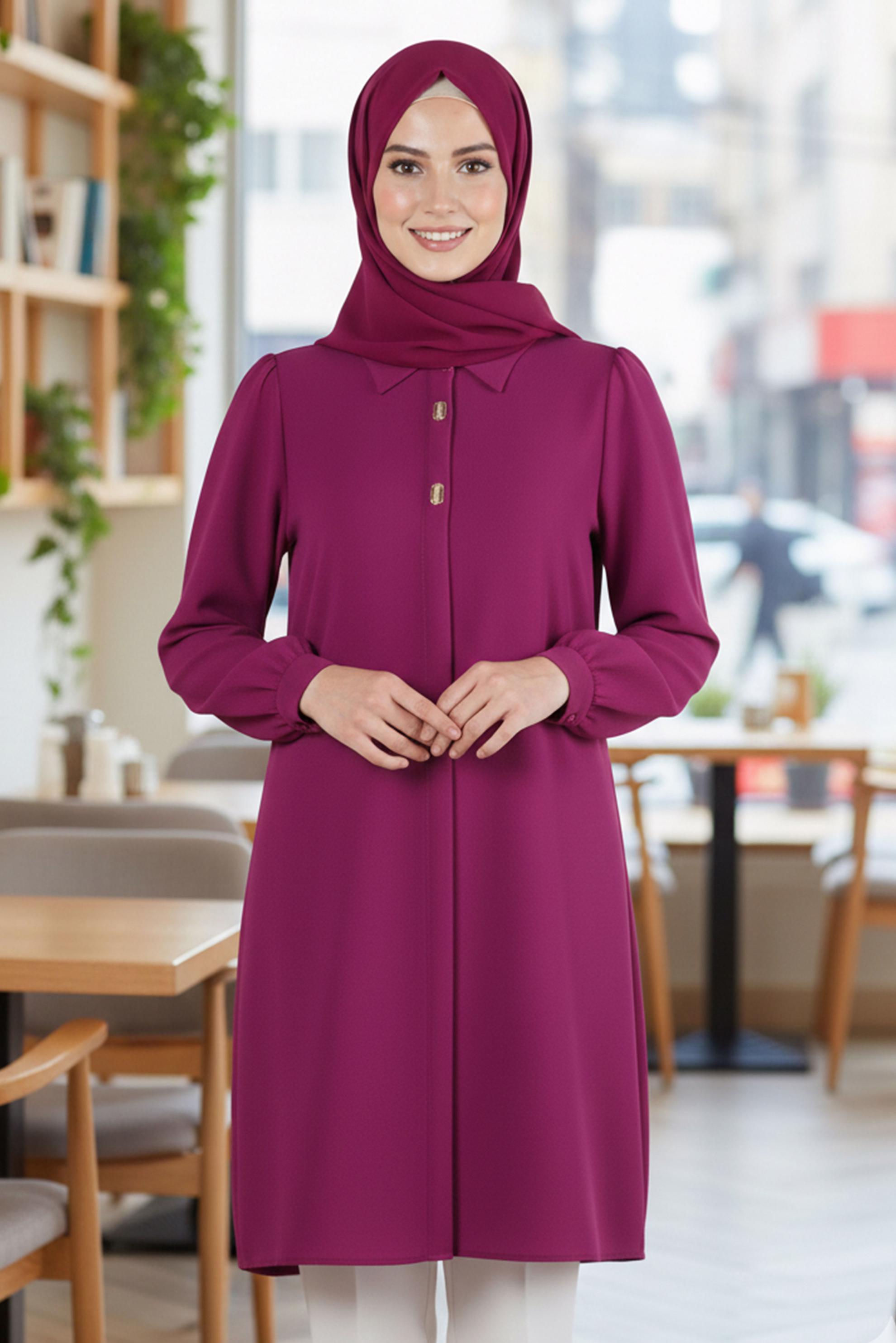 Tesettür giyim FUŞYA AKSESUAR DETAYLI BÜYÜK BEDEN TUNİK 20480