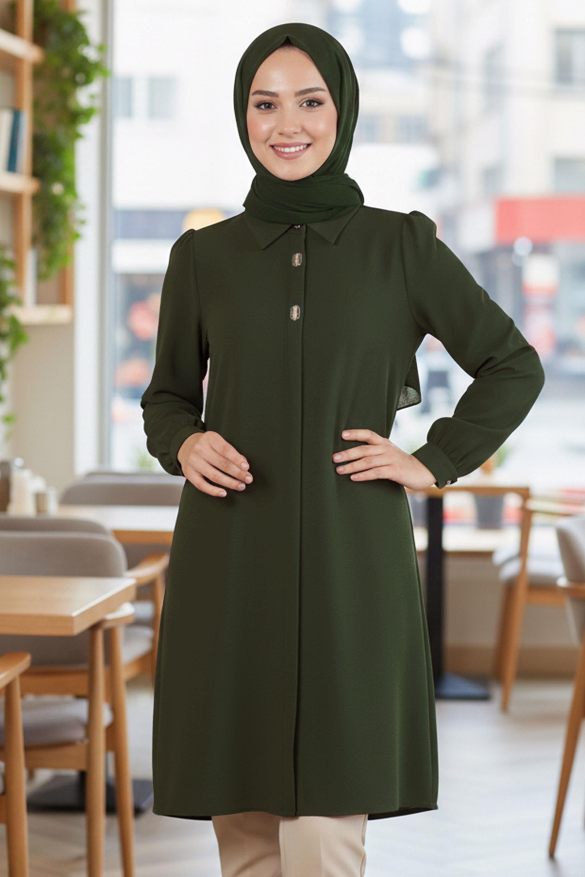 Tesettür giyim HAKİ AKSESUAR DETAYLI BÜYÜK BEDEN TUNİK 20480