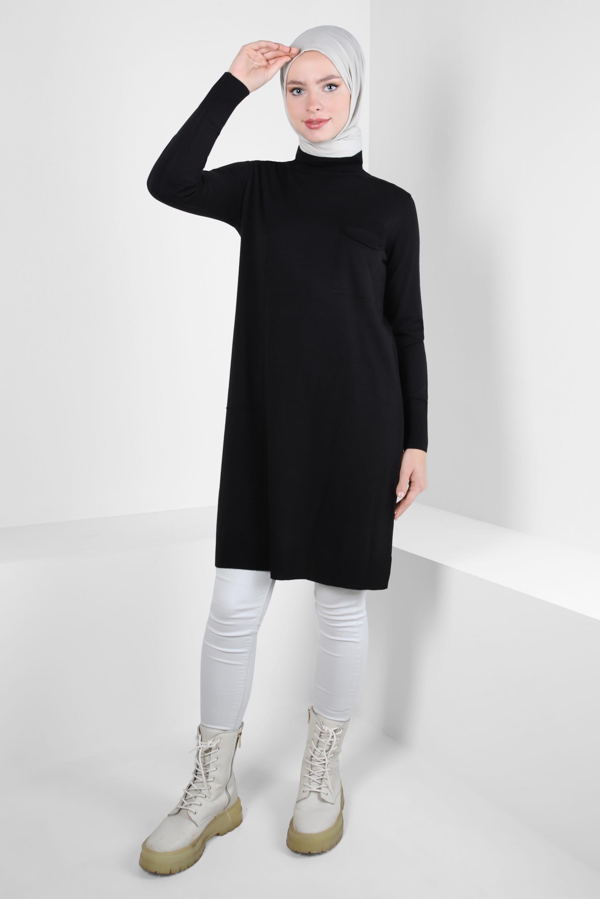 Tesettür giyim SİYAH CEPLİ TRİKO TUNİK 44001