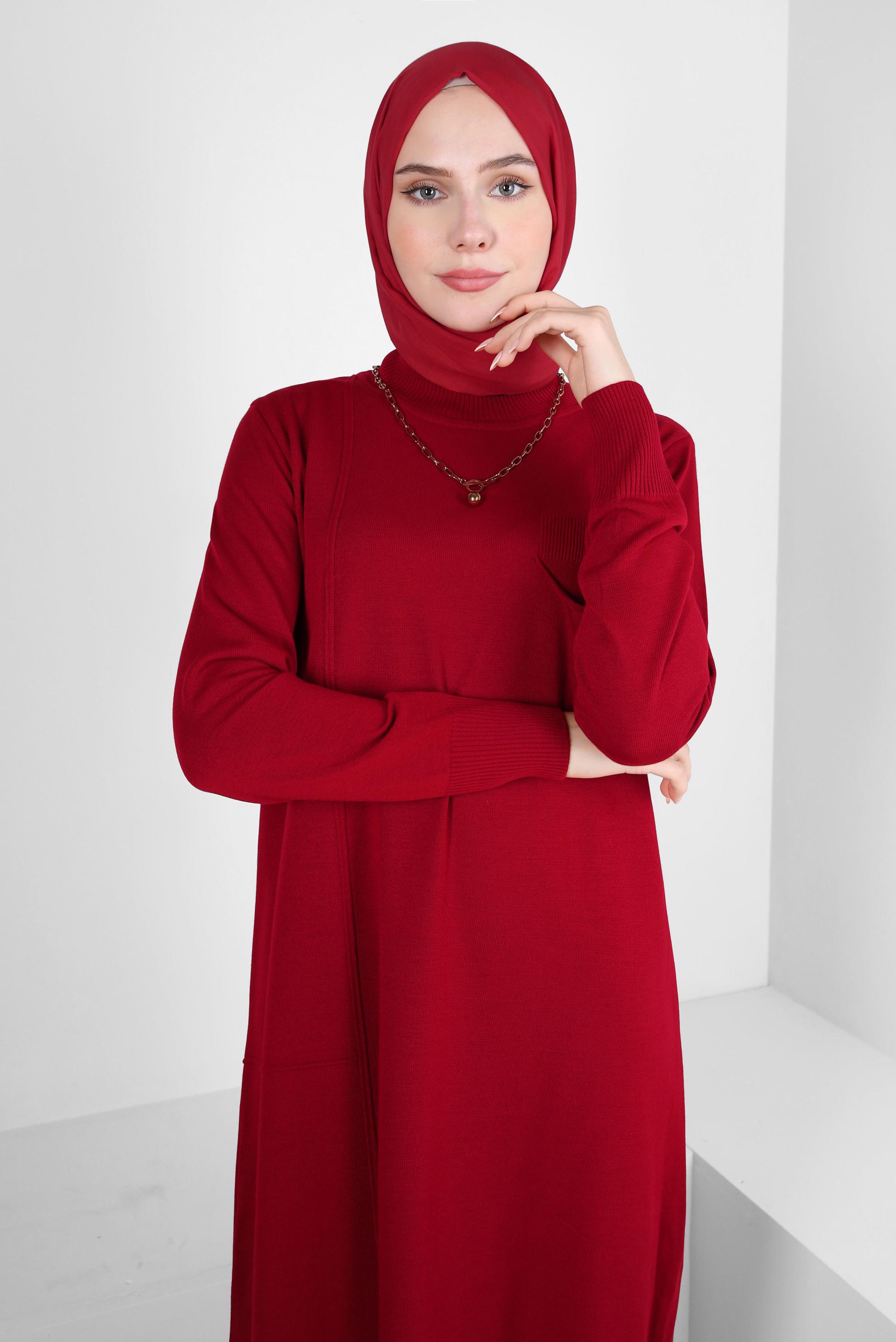 Tesettür giyim KIRMIZI CEPLİ TRİKO TUNİK 44001