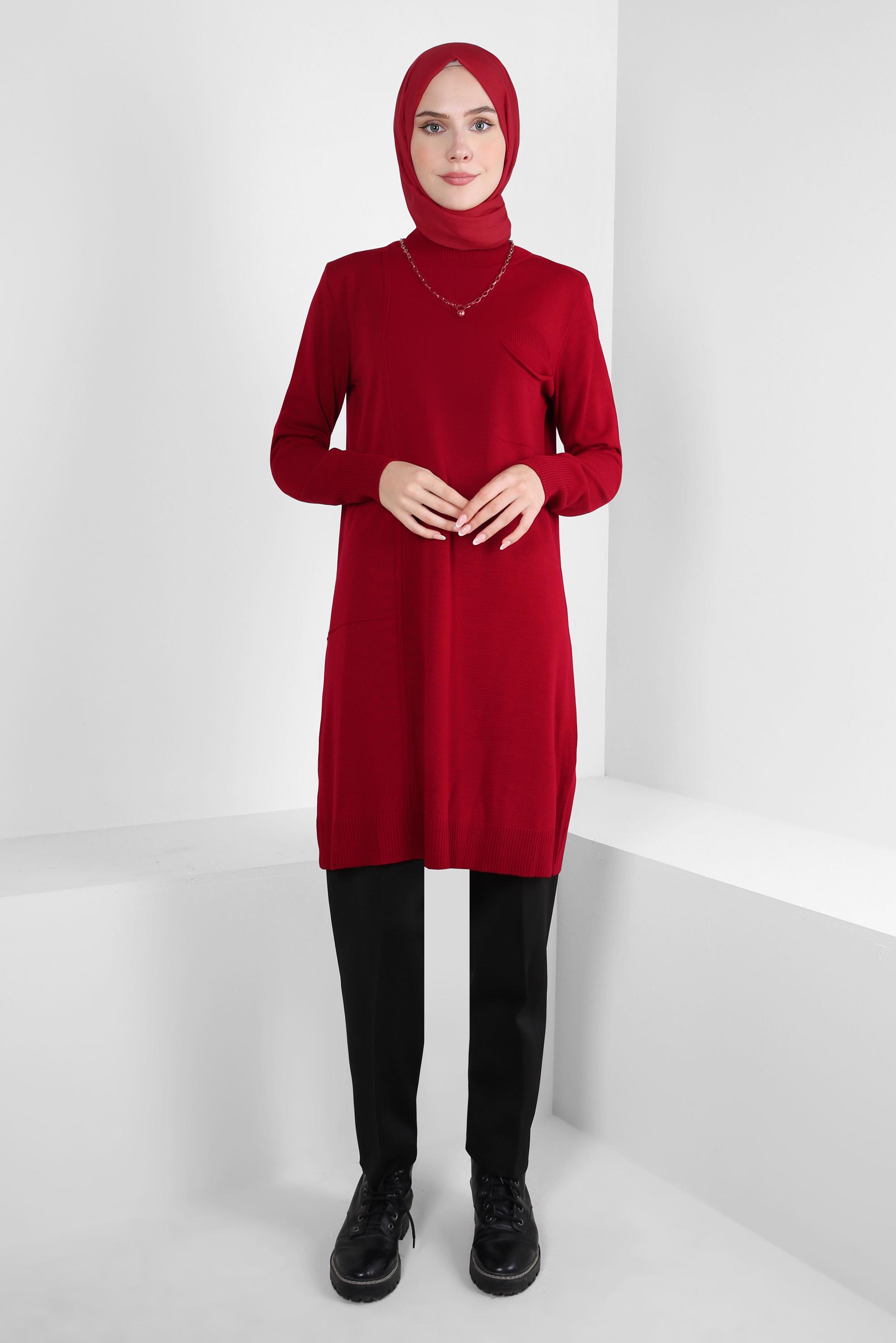 Tesettür giyim KIRMIZI CEPLİ TRİKO TUNİK 44001