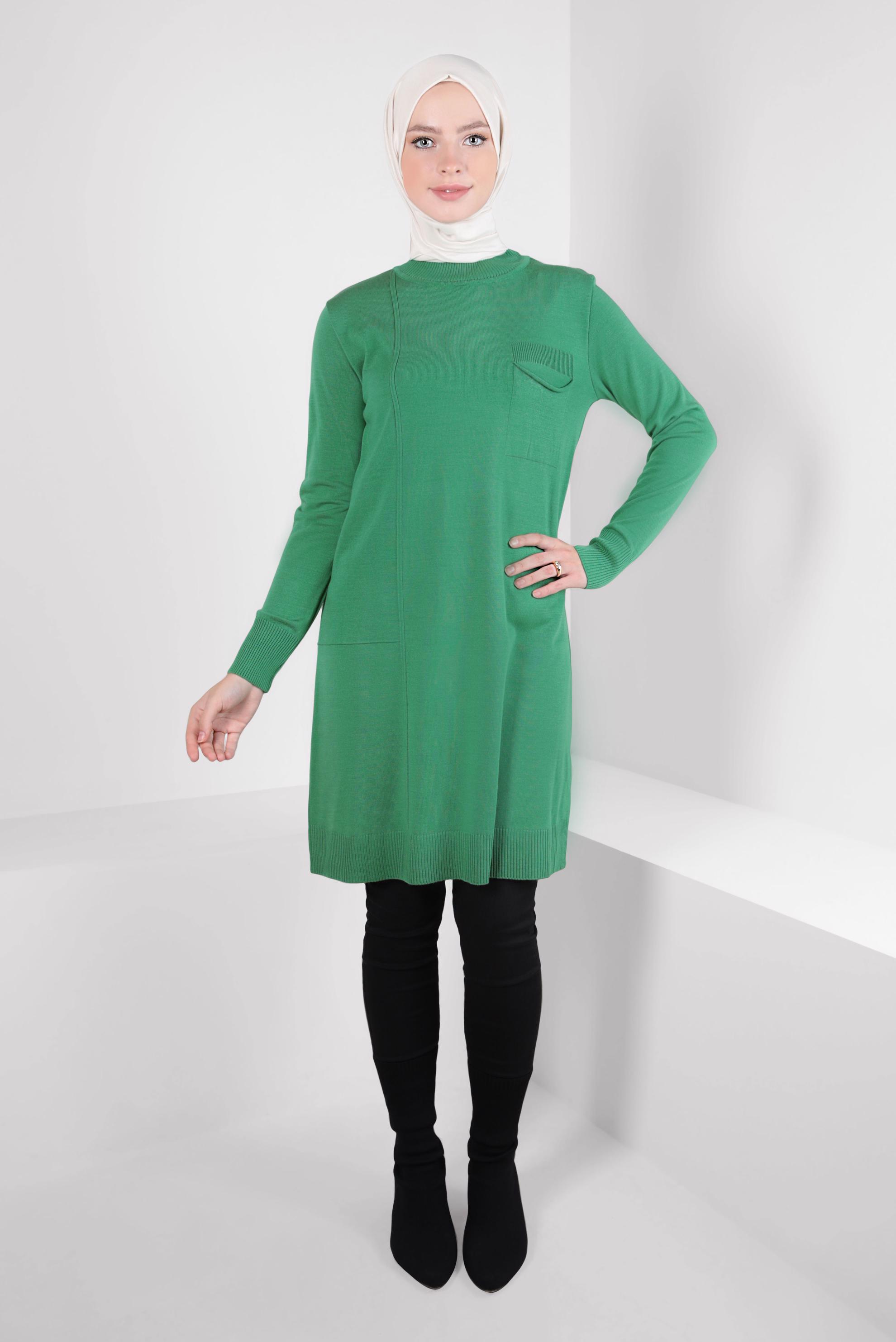 Tesettür giyim YEŞİL CEPLİ TRİKO TUNİK 44001