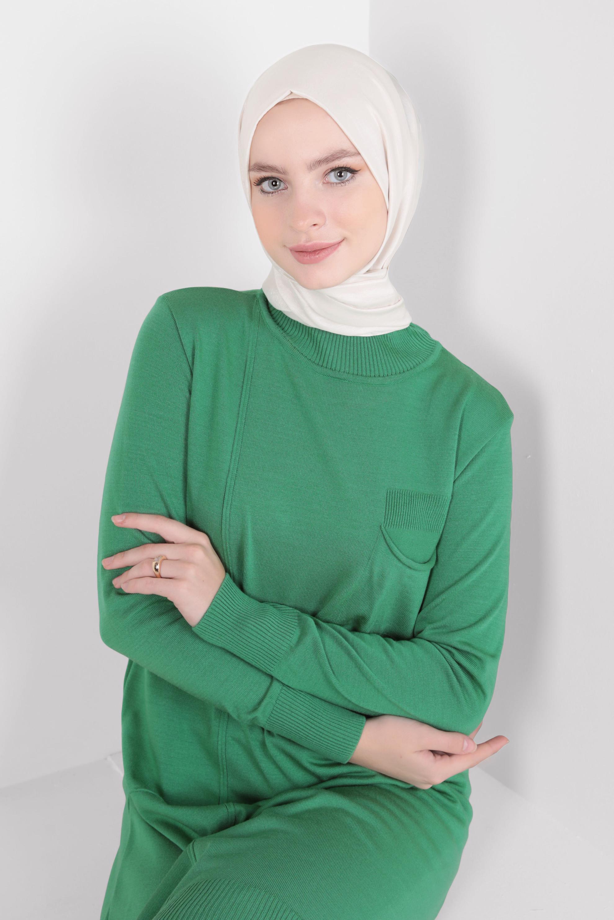 Tesettür giyim YEŞİL CEPLİ TRİKO TUNİK 44001