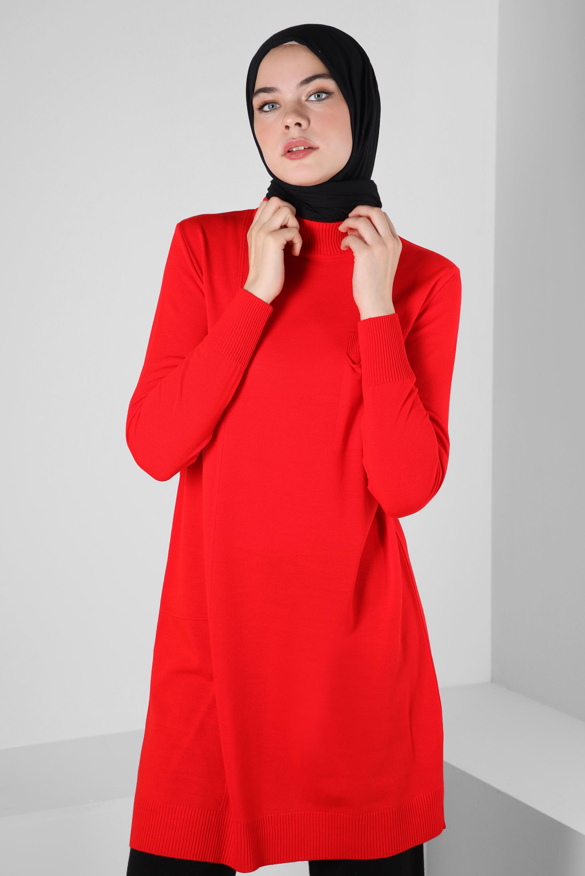 Tesettür giyim KIRMIZI CEPLİ TRİKO TUNİK 44001