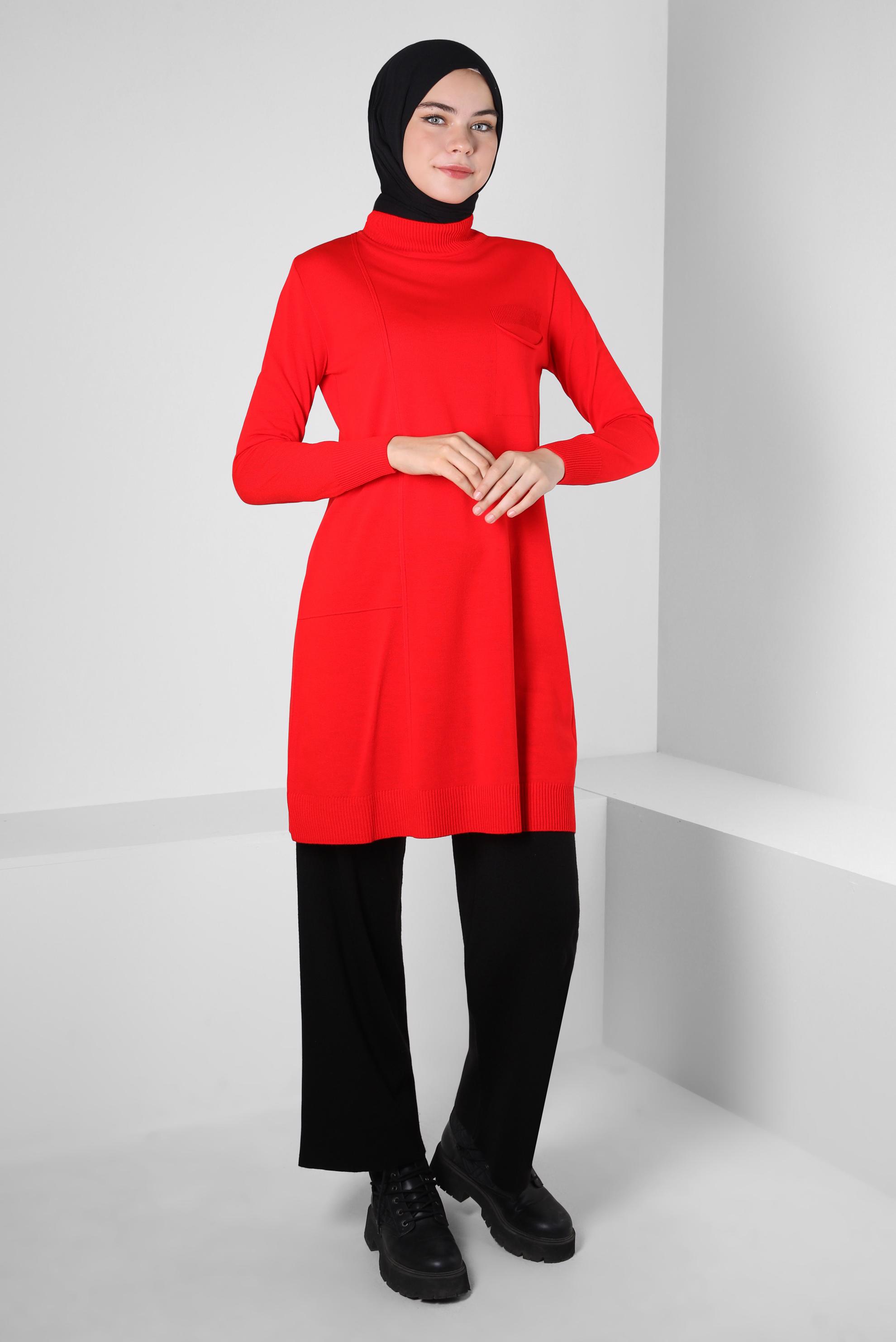 Tesettür giyim KIRMIZI CEPLİ TRİKO TUNİK 44001