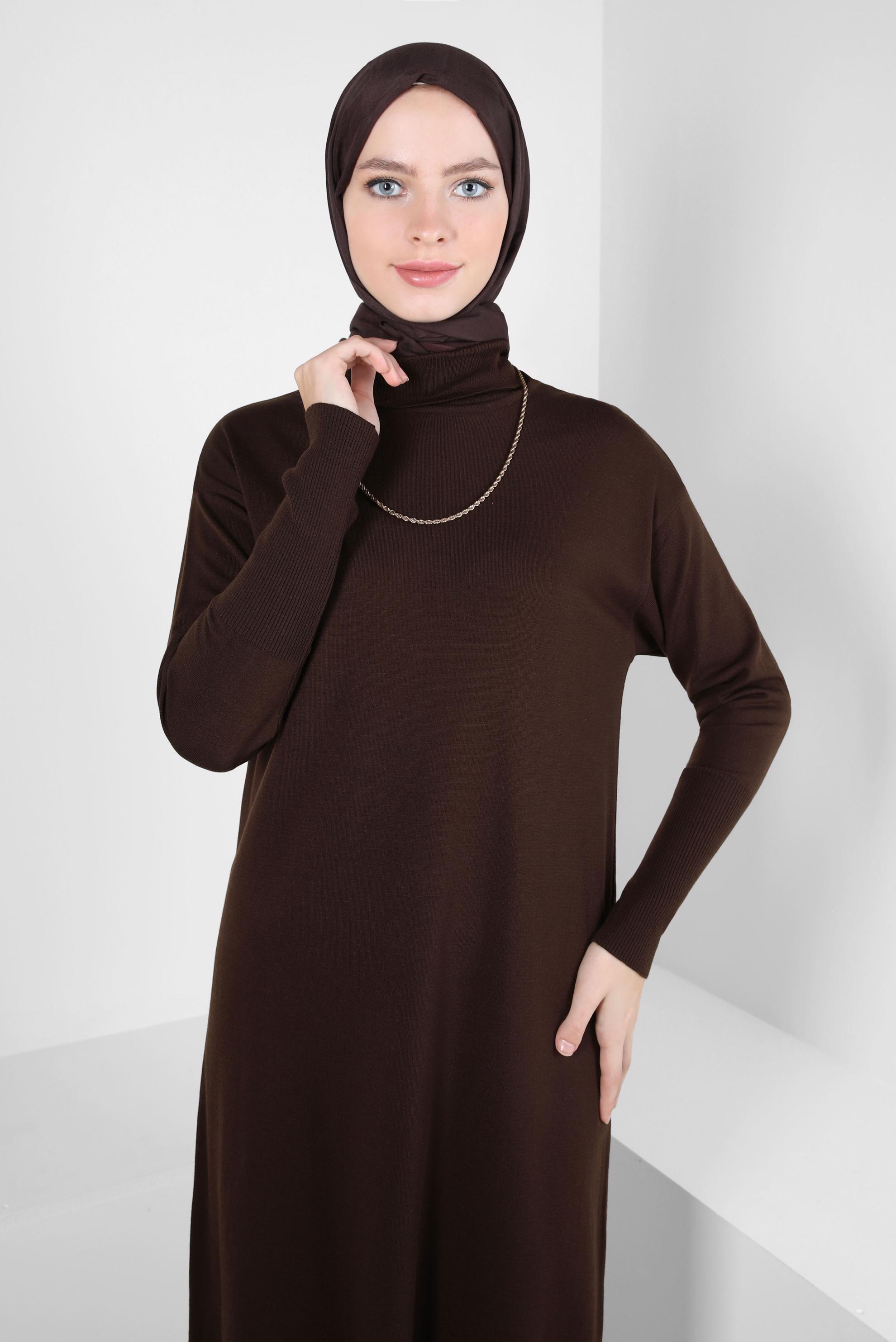 Tesettür giyim KAHVE UZUN TRİKO TUNİK 44003
