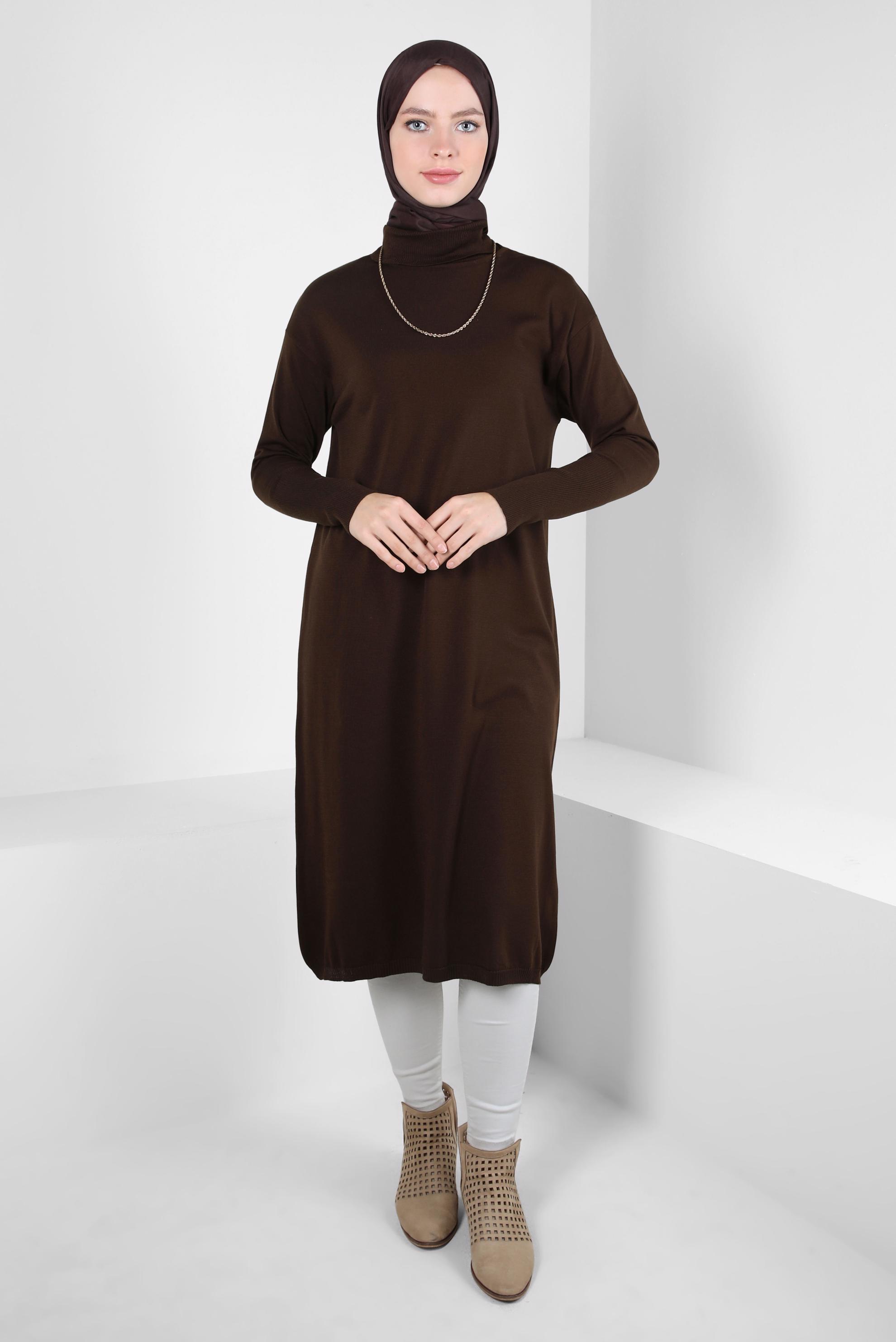 Tesettür giyim KAHVE UZUN TRİKO TUNİK 44003