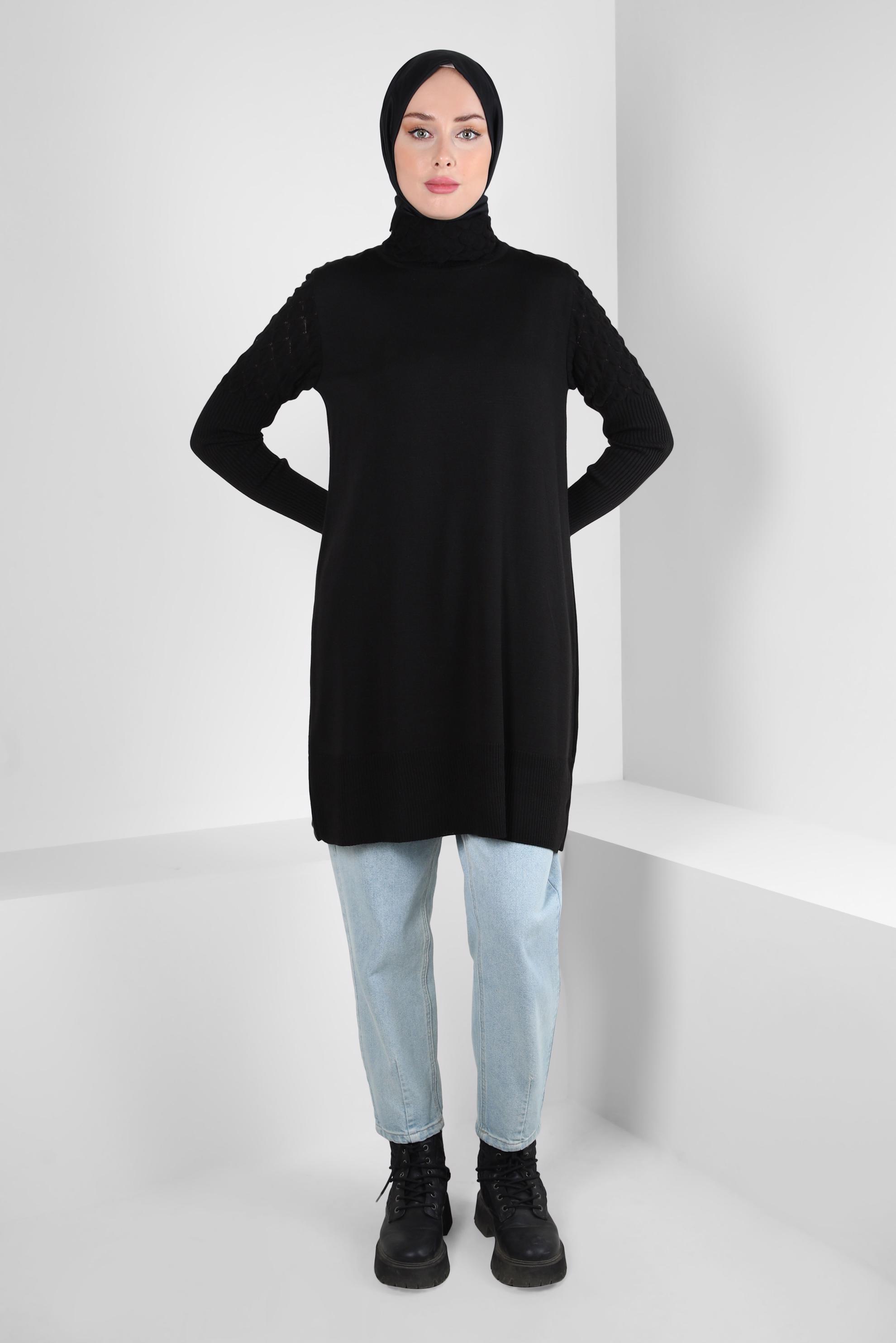 Tesettür giyim SİYAH BOĞAZLI YAKA TRİKO TUNİK 44006