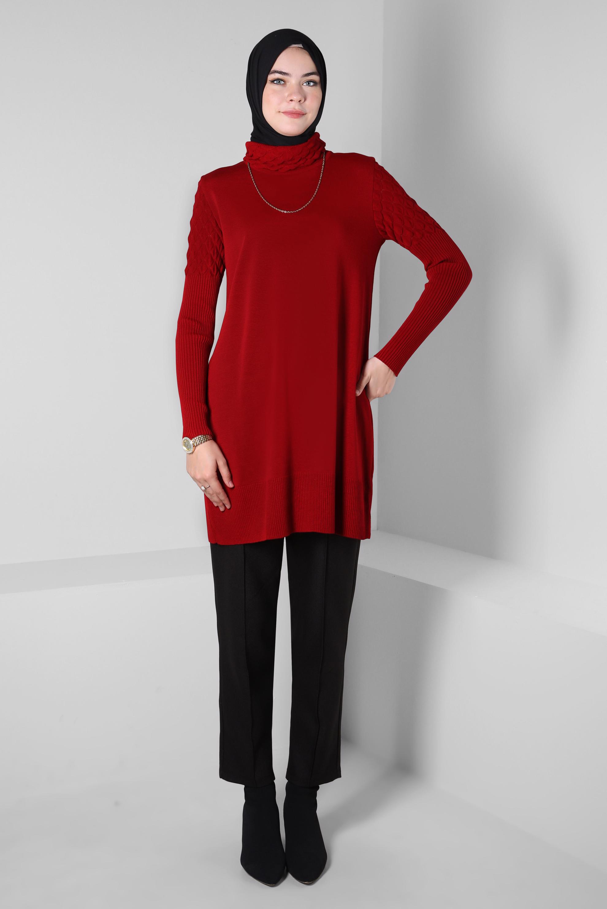Tesettür giyim KIRMIZI BOĞAZLI YAKA TRİKO TUNİK 44006