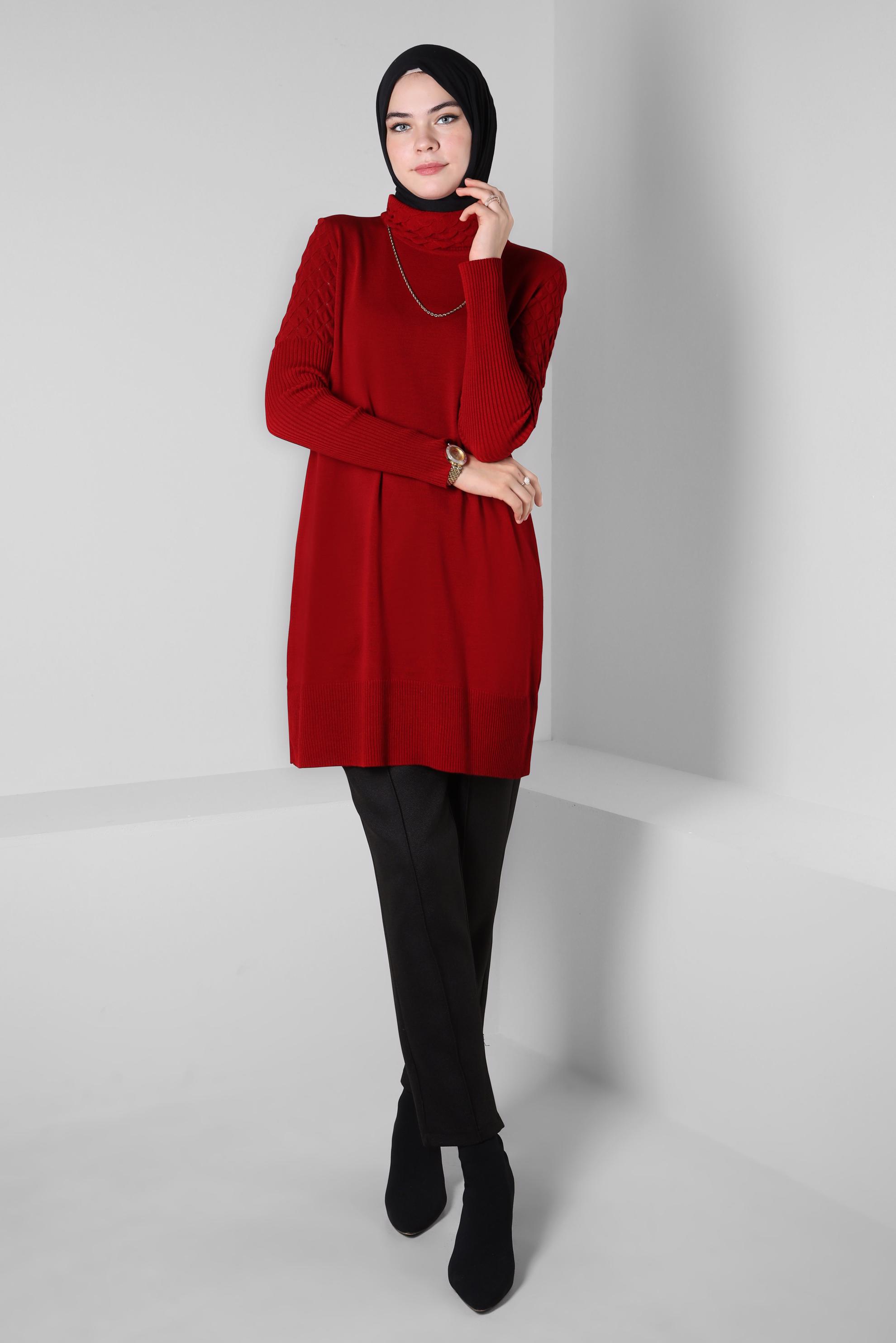 Tesettür giyim KIRMIZI BOĞAZLI YAKA TRİKO TUNİK 44006