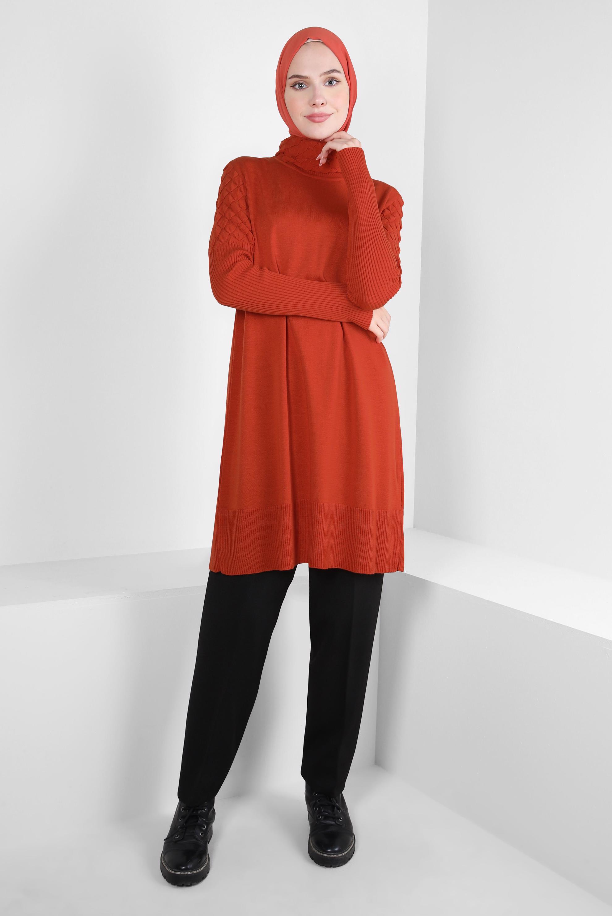 Tesettür giyim TURUNCU BOĞAZLI YAKA TRİKO TUNİK 44006