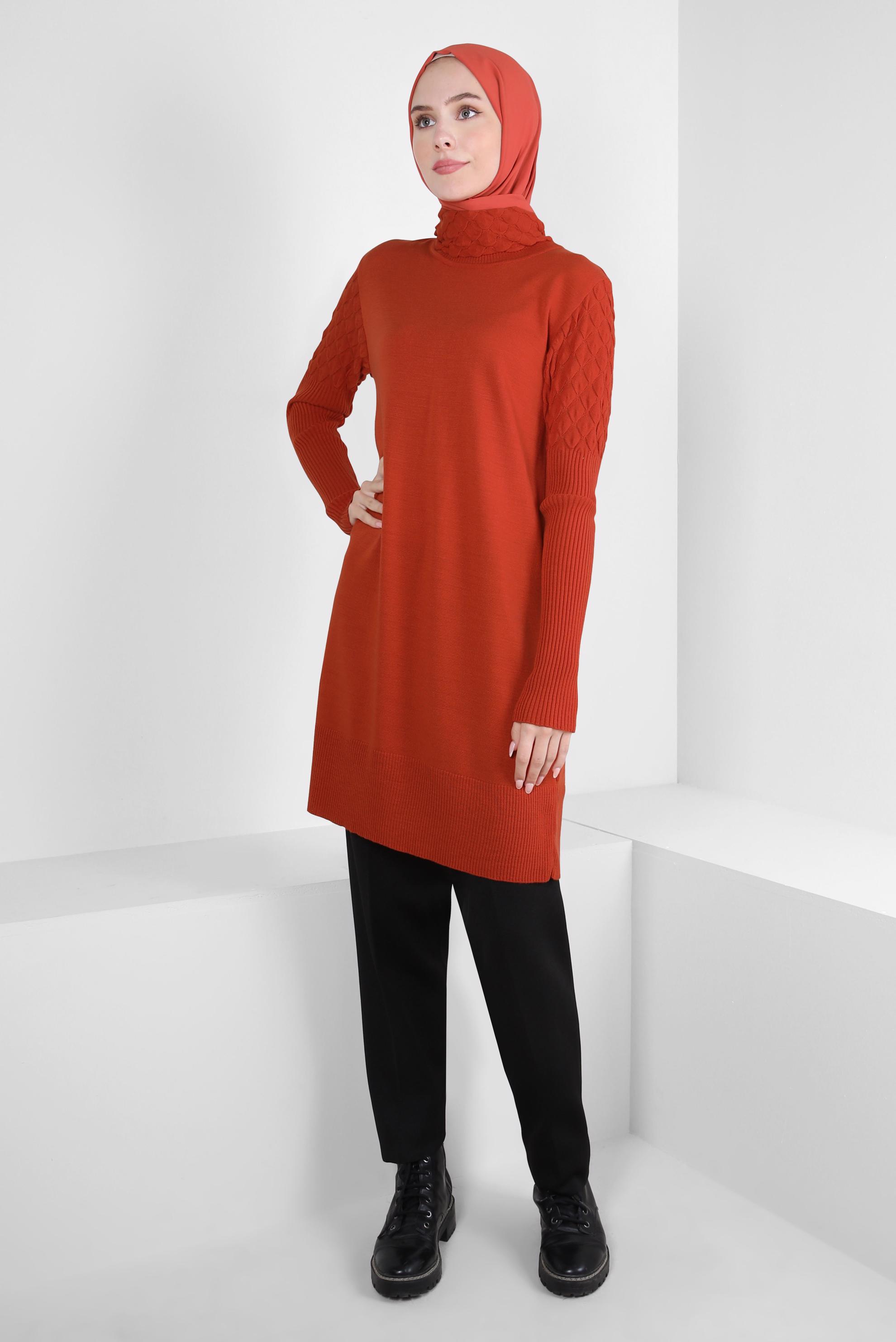 Tesettür giyim TURUNCU BOĞAZLI YAKA TRİKO TUNİK 44006