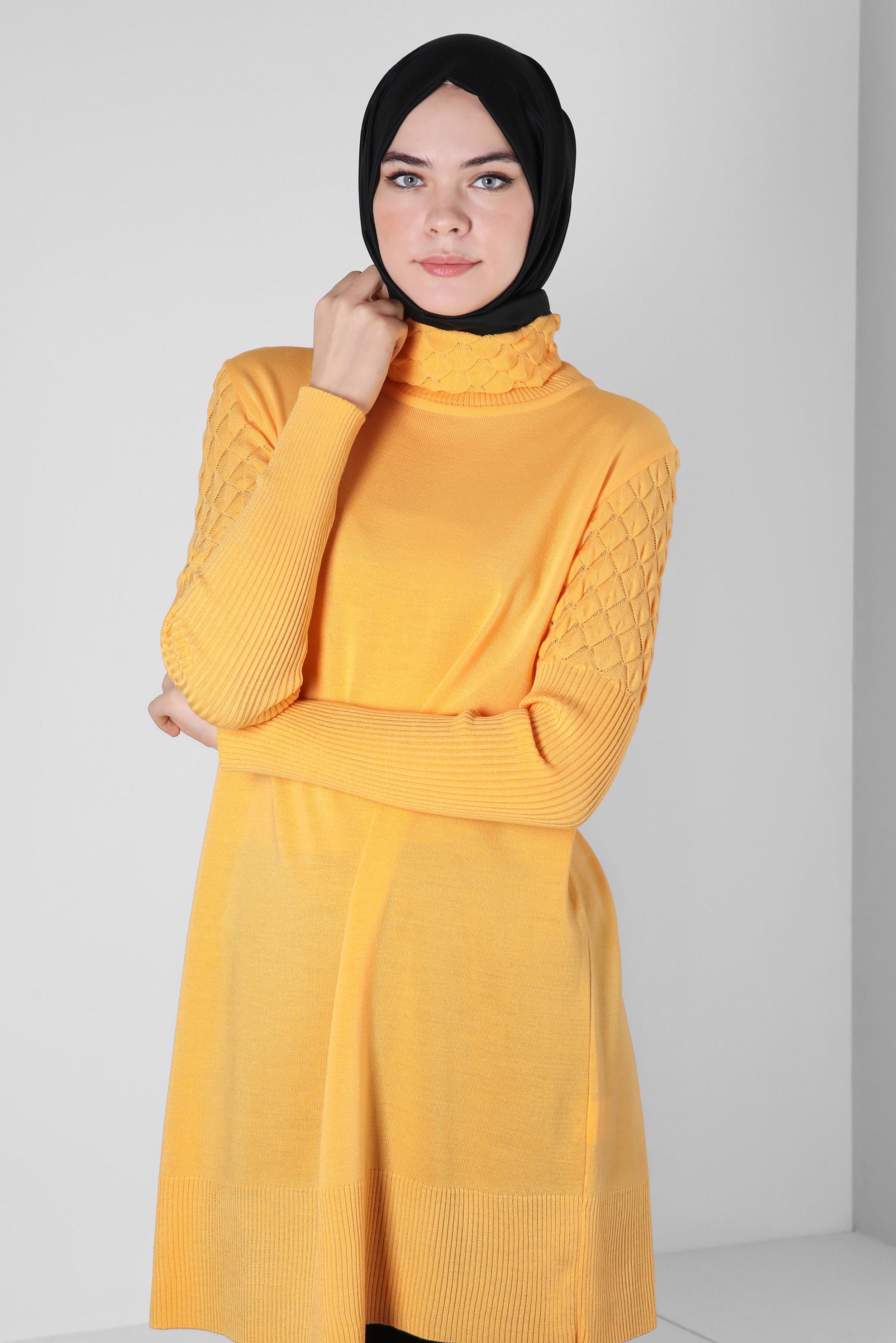 Tesettür giyim SARI BOĞAZLI YAKA TRİKO TUNİK 44006