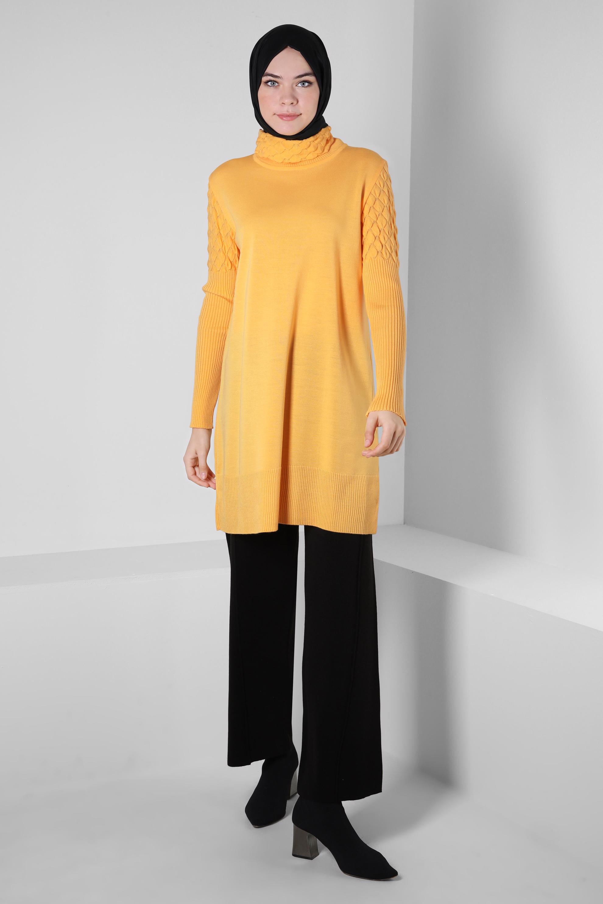 Tesettür giyim SARI BOĞAZLI YAKA TRİKO TUNİK 44006