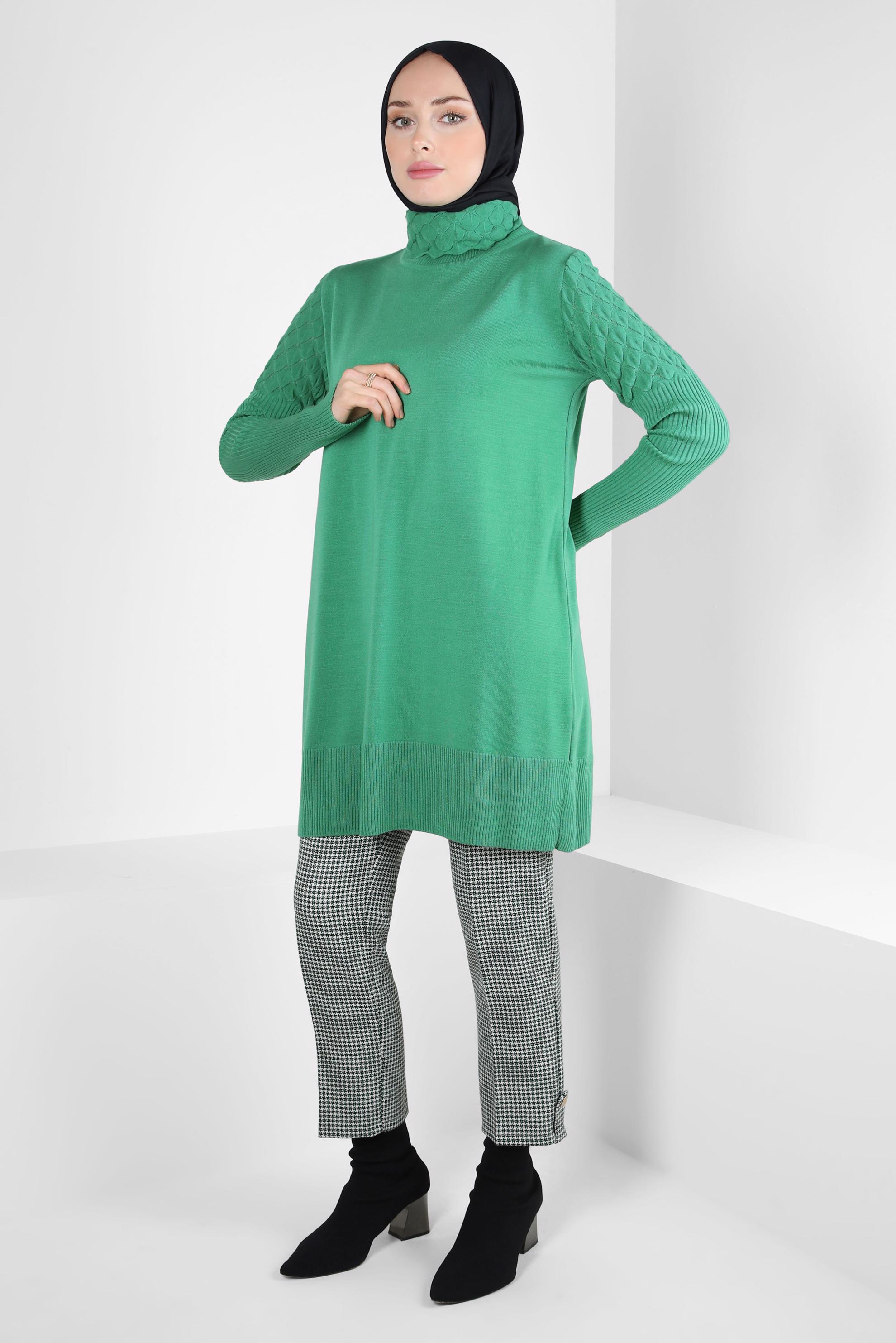 Tesettür giyim YEŞİL BOĞAZLI YAKA TRİKO TUNİK 44006