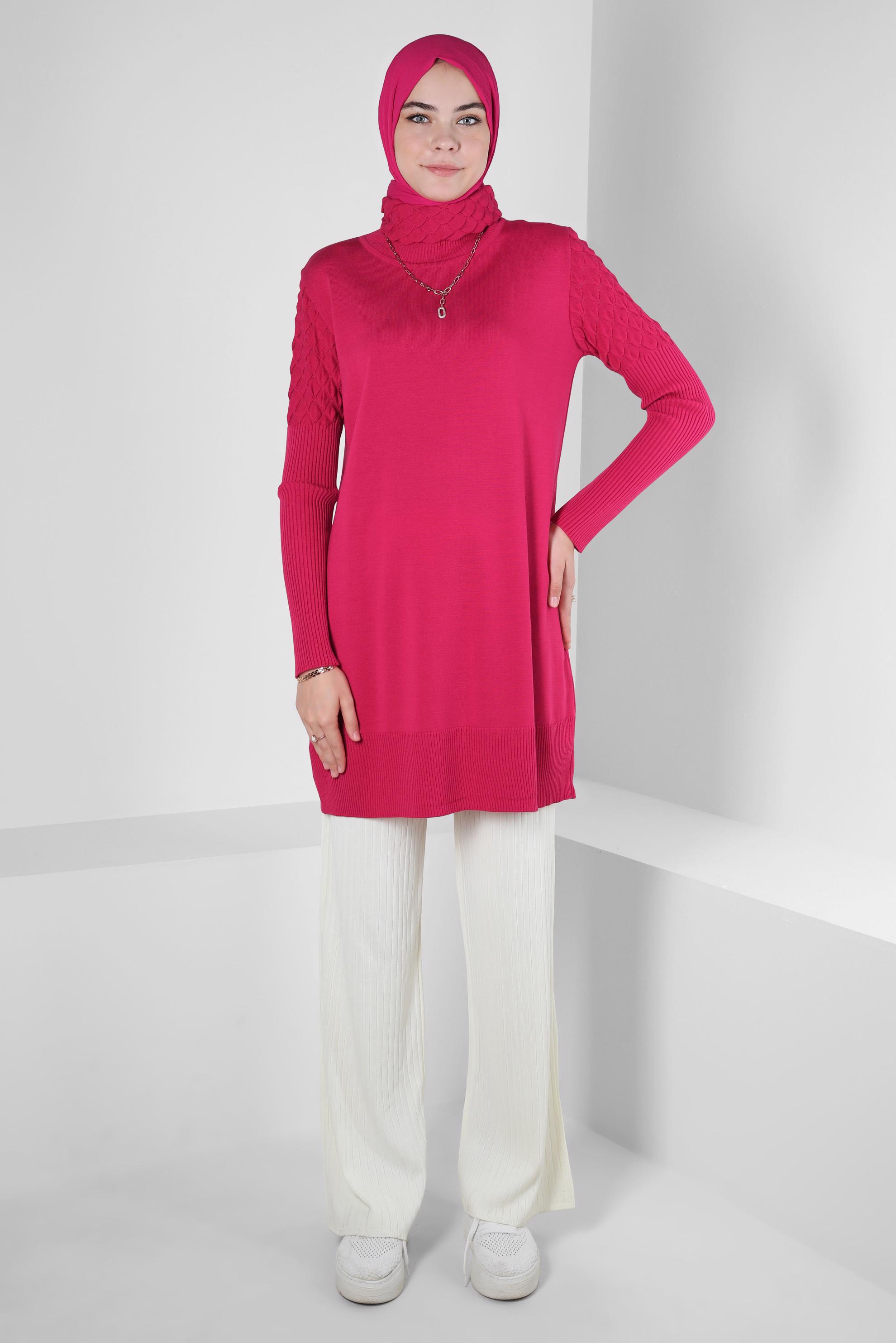 Tesettür giyim FUŞYA BOĞAZLI YAKA TRİKO TUNİK 44006