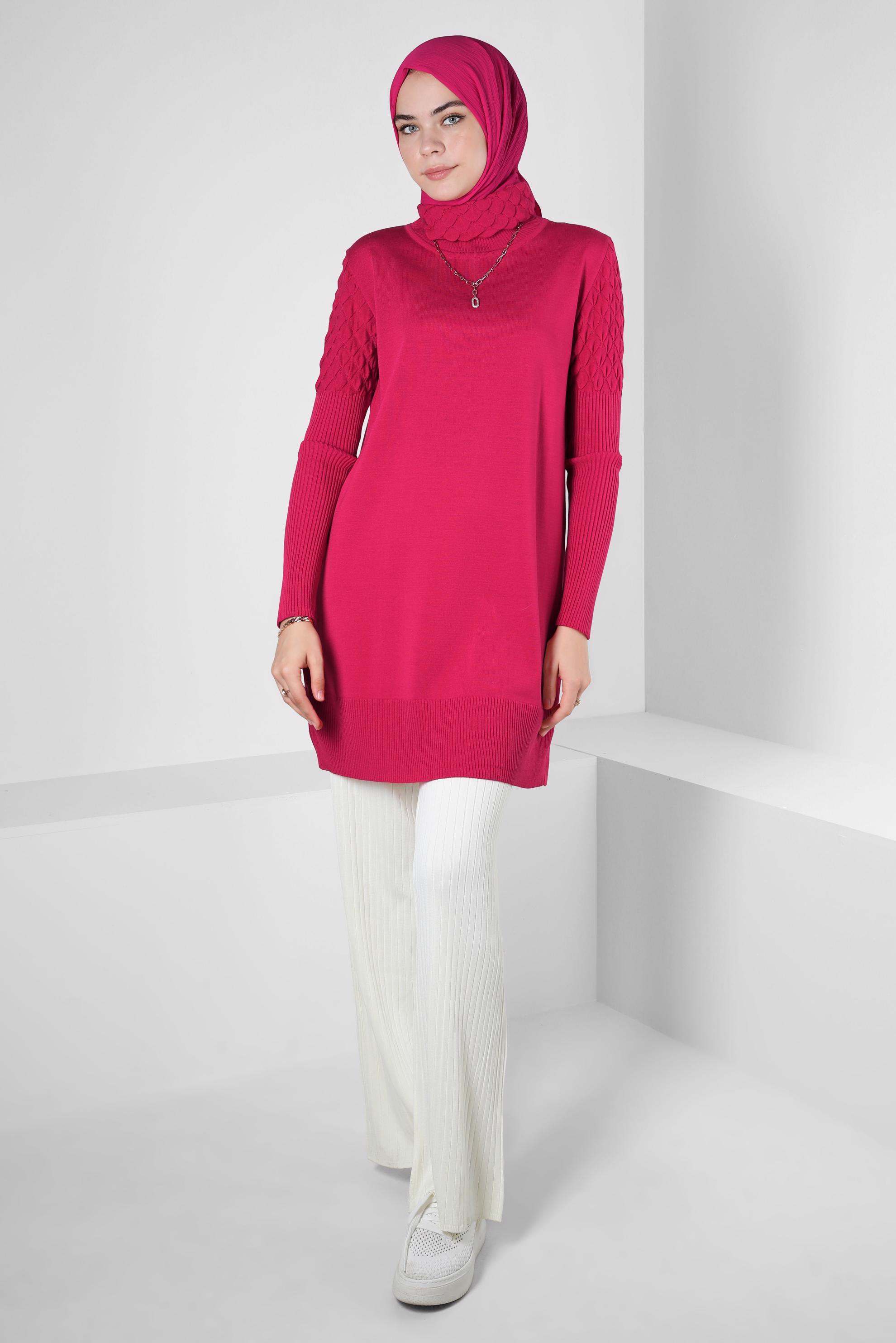 Tesettür giyim FUŞYA BOĞAZLI YAKA TRİKO TUNİK 44006