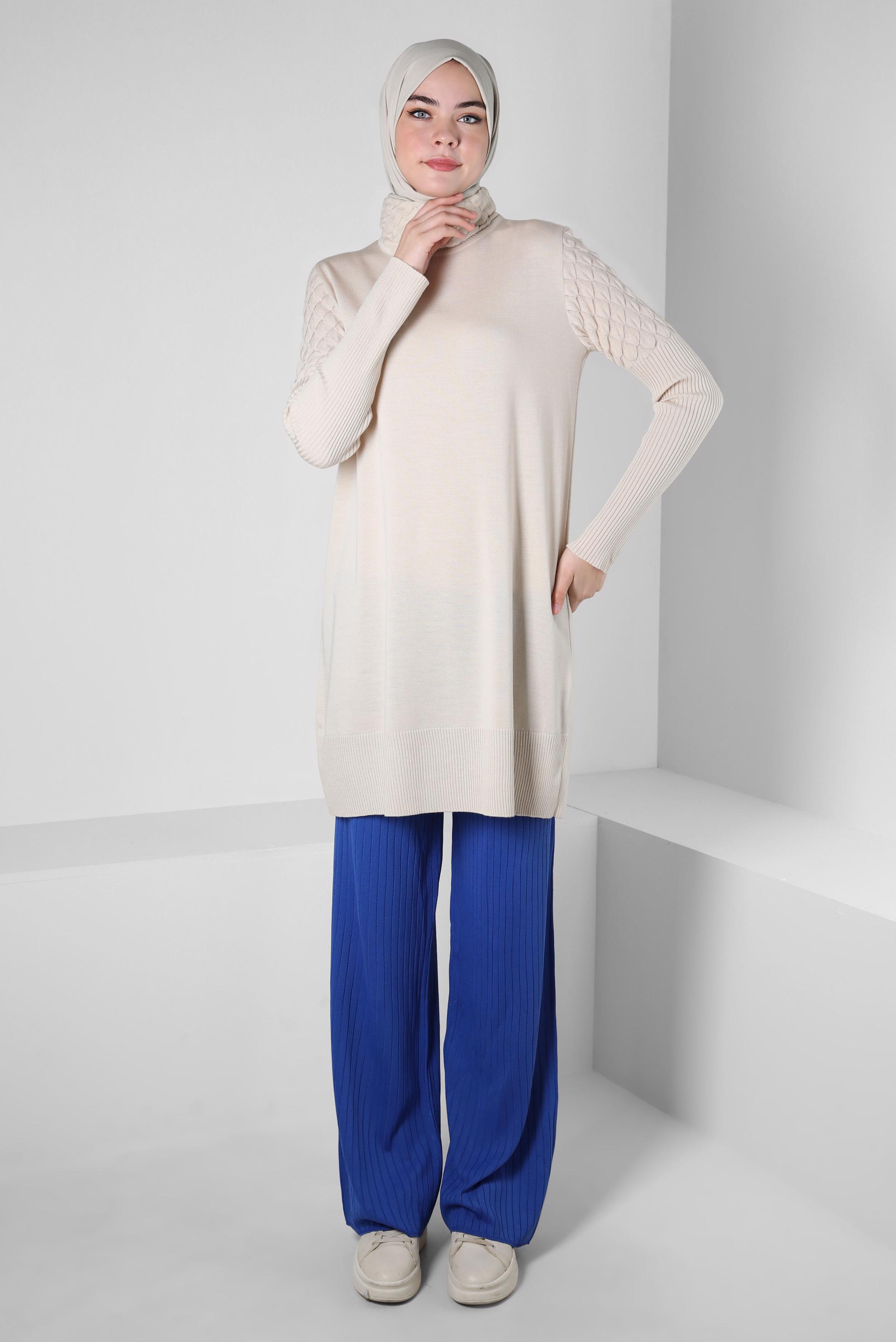 Tesettür giyim BEJ BOĞAZLI YAKA TRİKO TUNİK 44006