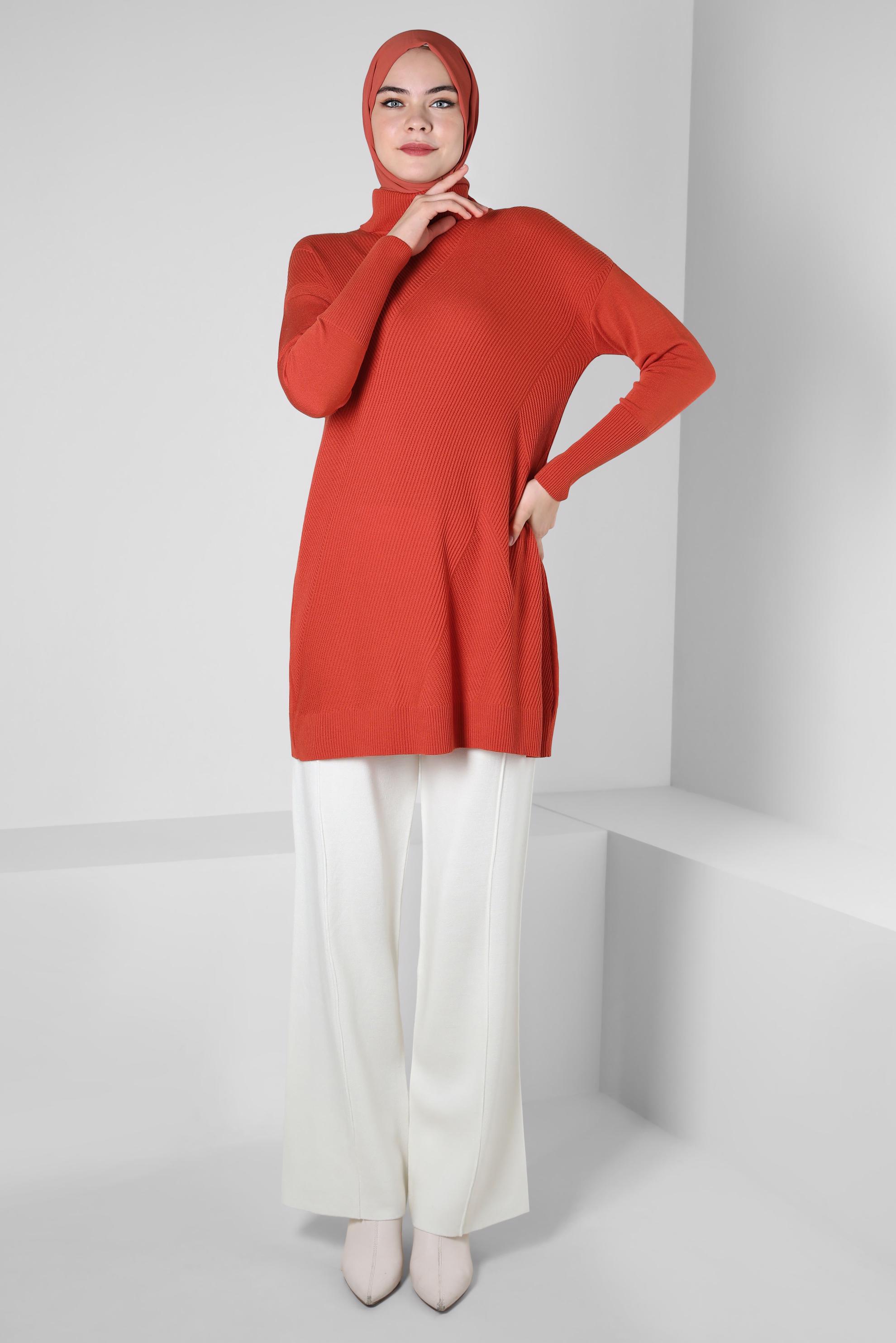 Tesettür giyim TURUNCU BOĞAZLI YAKA TRİKO TUNİK 44007