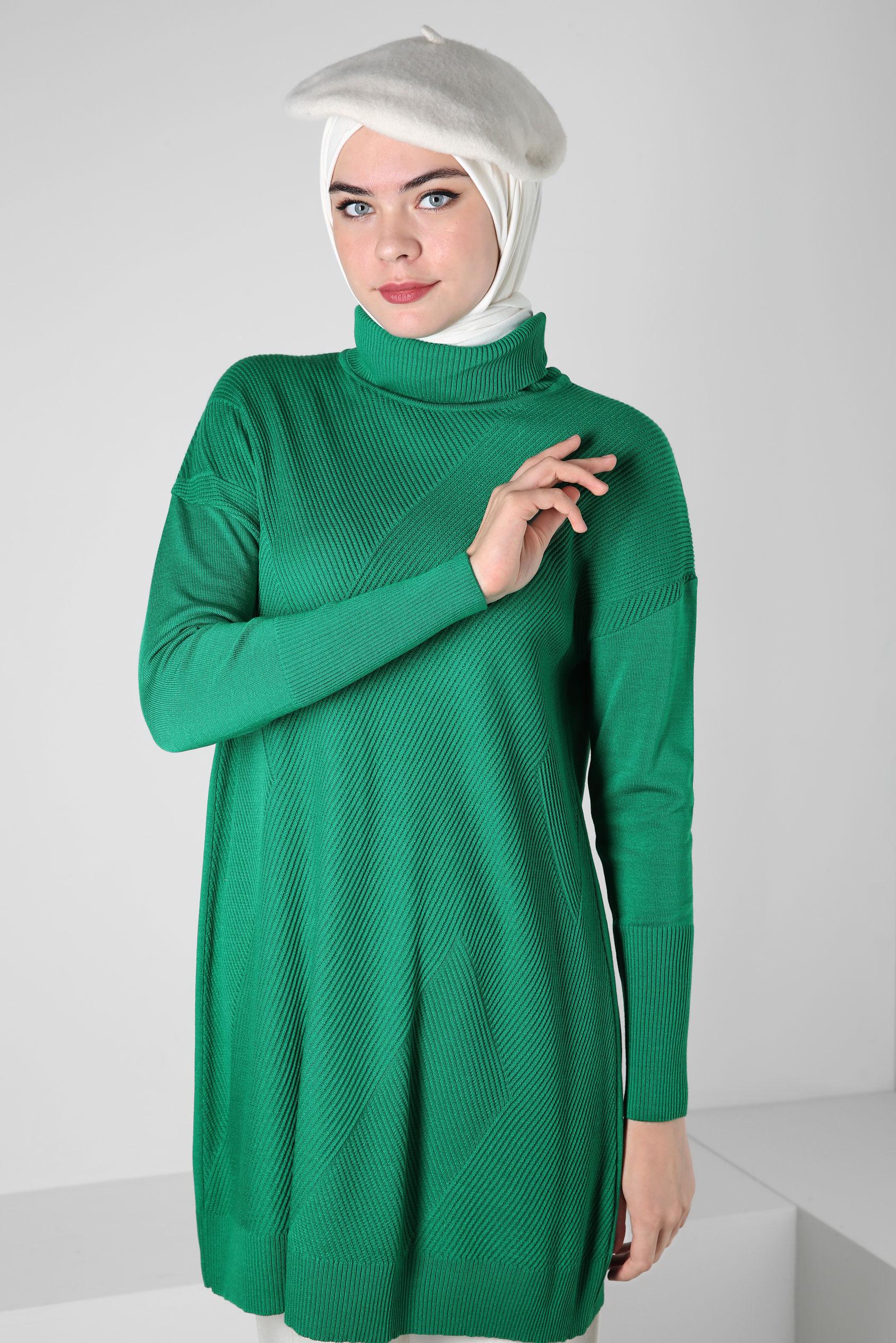 Tesettür giyim YEŞİL BOĞAZLI YAKA TRİKO TUNİK 44007
