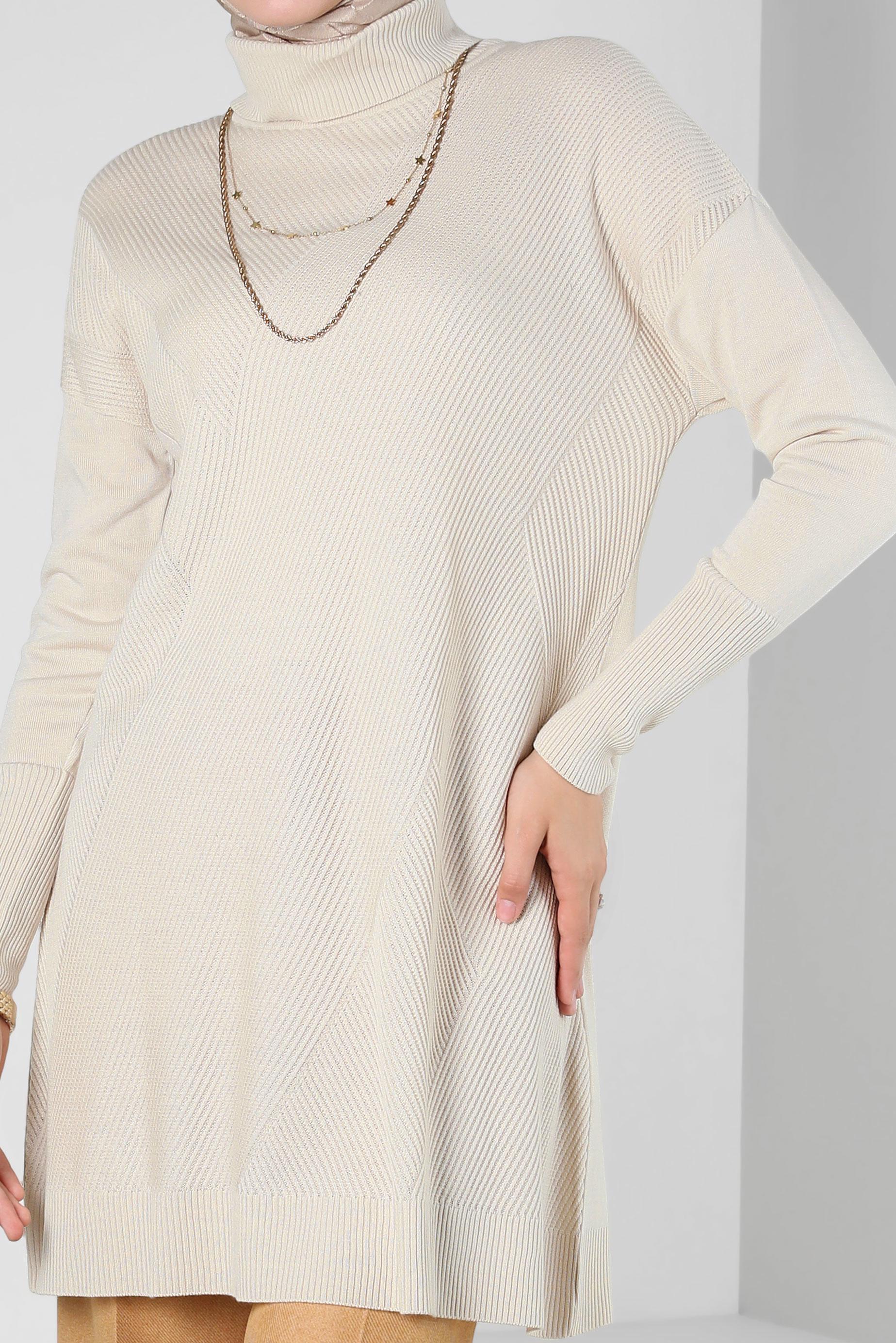 Tesettür giyim BEJ BOĞAZLI YAKA TRİKO TUNİK 44007