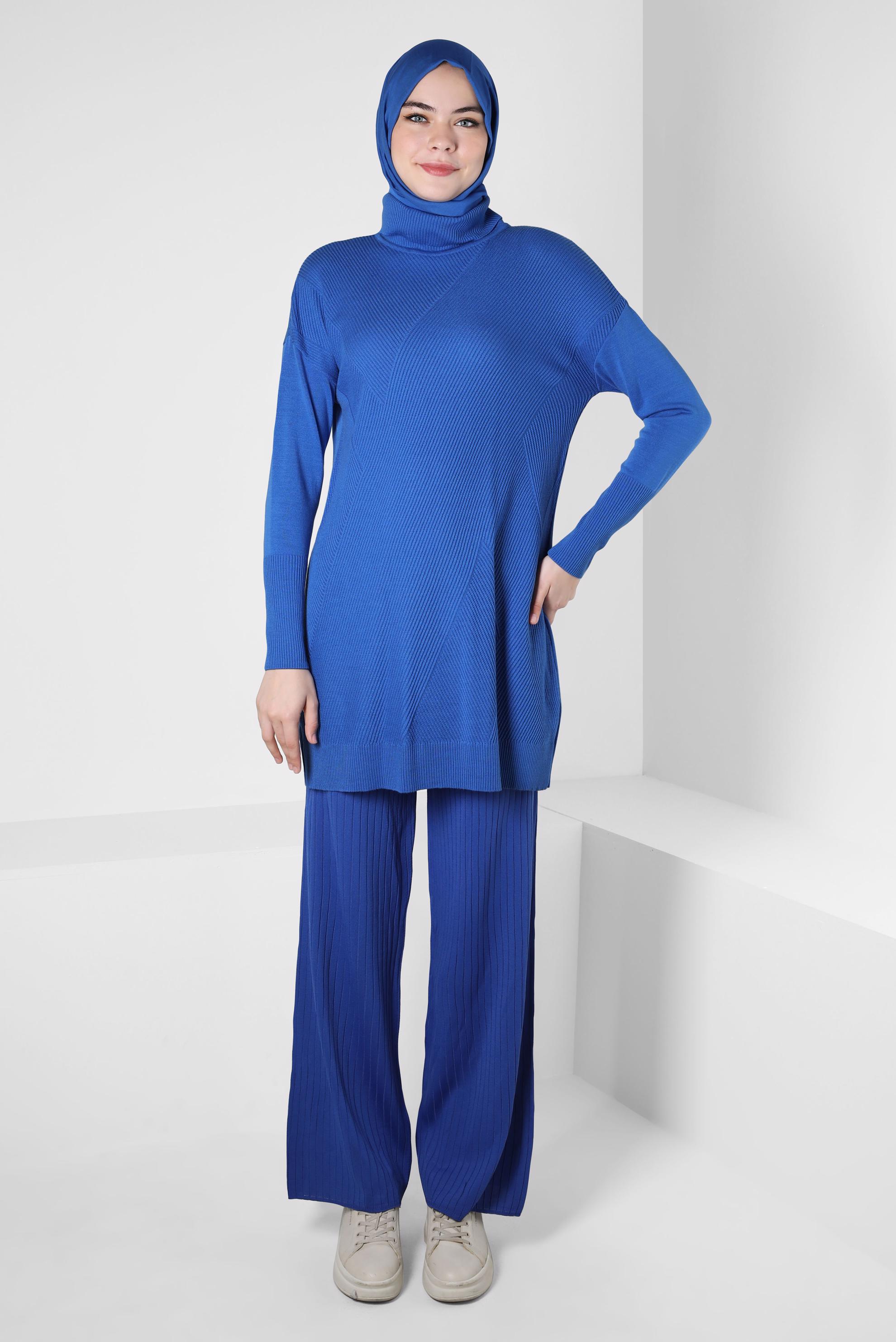 Tesettür giyim MAVİ BOĞAZLI YAKA TRİKO TUNİK 44007