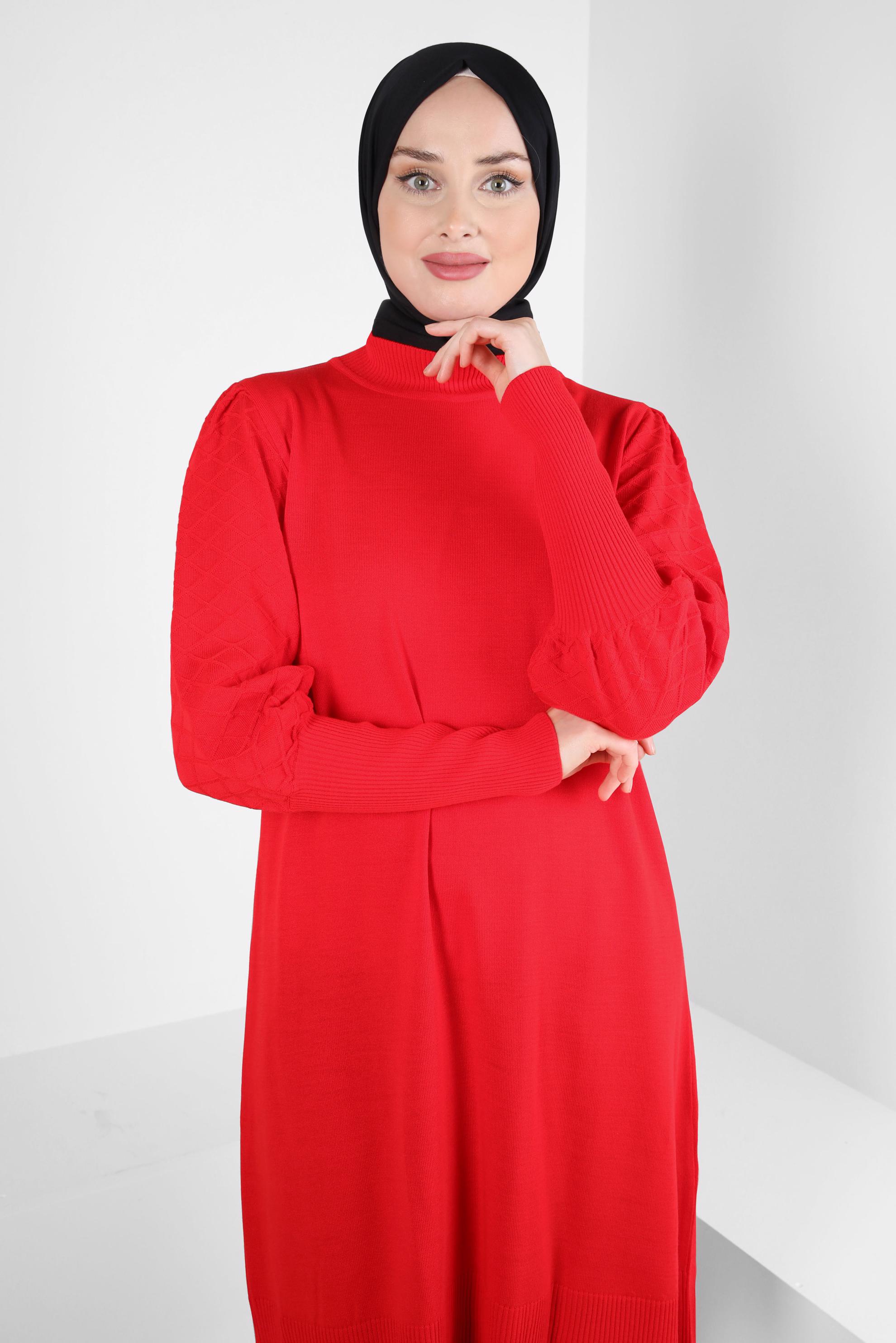 Tesettür giyim KIRMIZI TRİKO TUNİK 44008