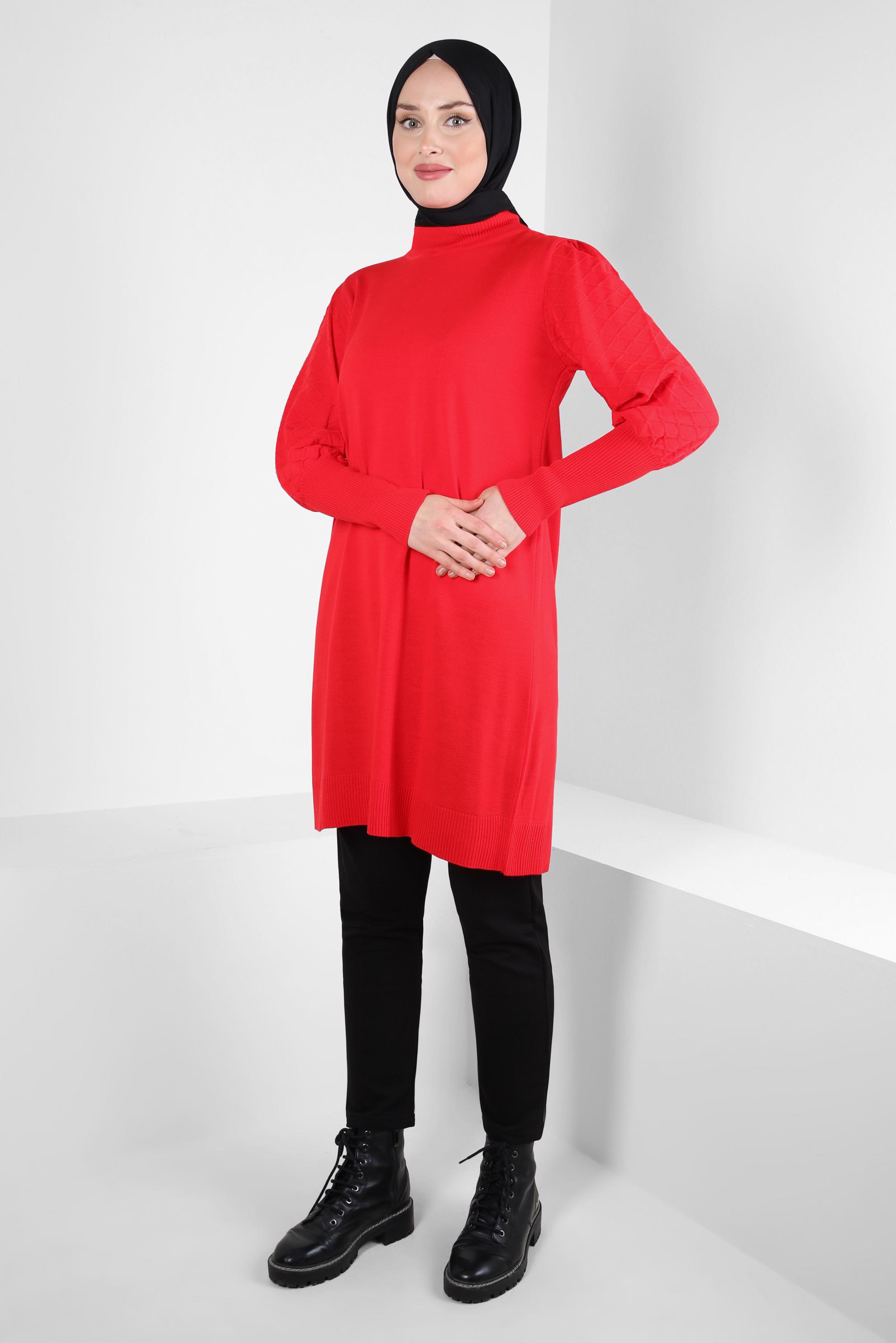 Tesettür giyim KIRMIZI TRİKO TUNİK 44008