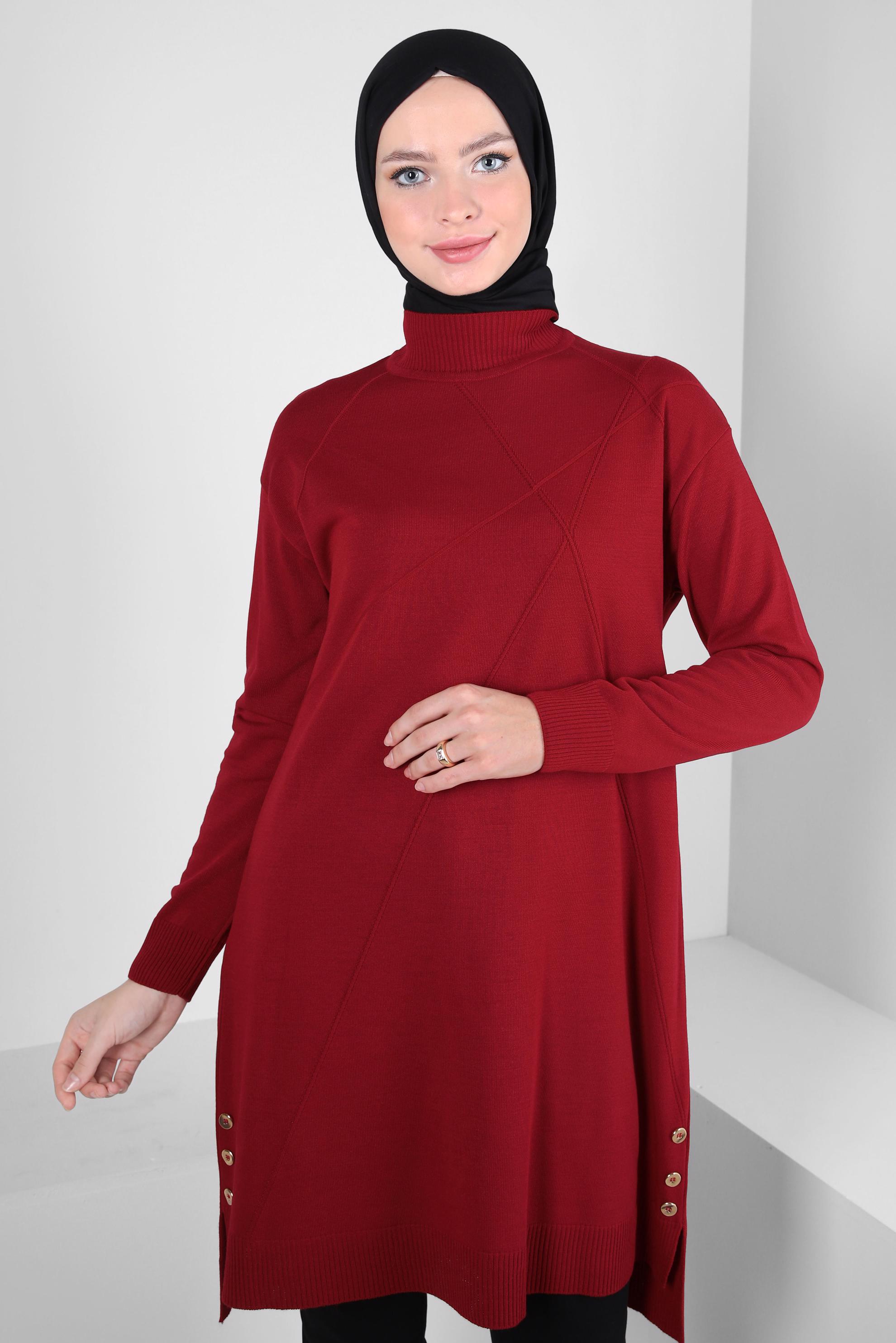 Tesettür giyim KIRMIZI BOĞAZLI YAKA TRİKO TUNİK 44009