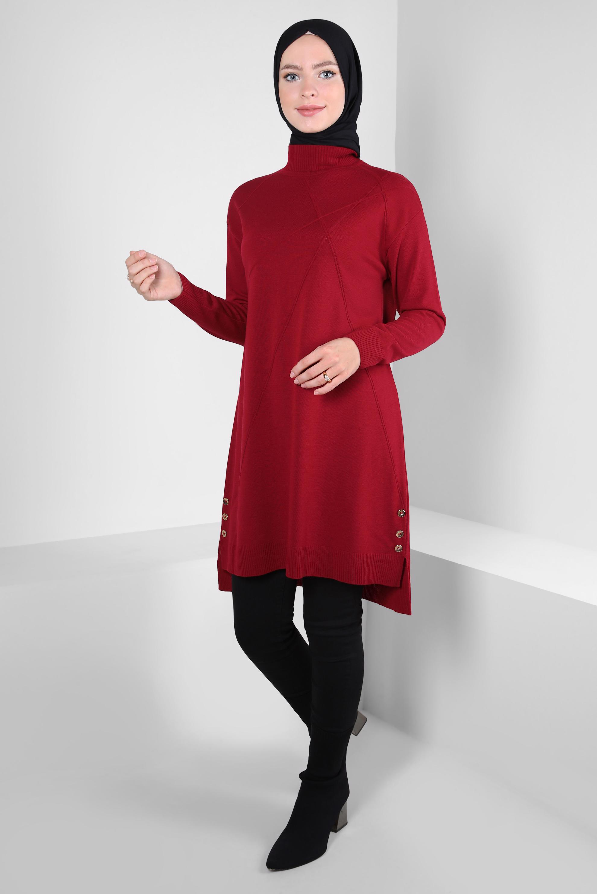 Tesettür giyim KIRMIZI BOĞAZLI YAKA TRİKO TUNİK 44009