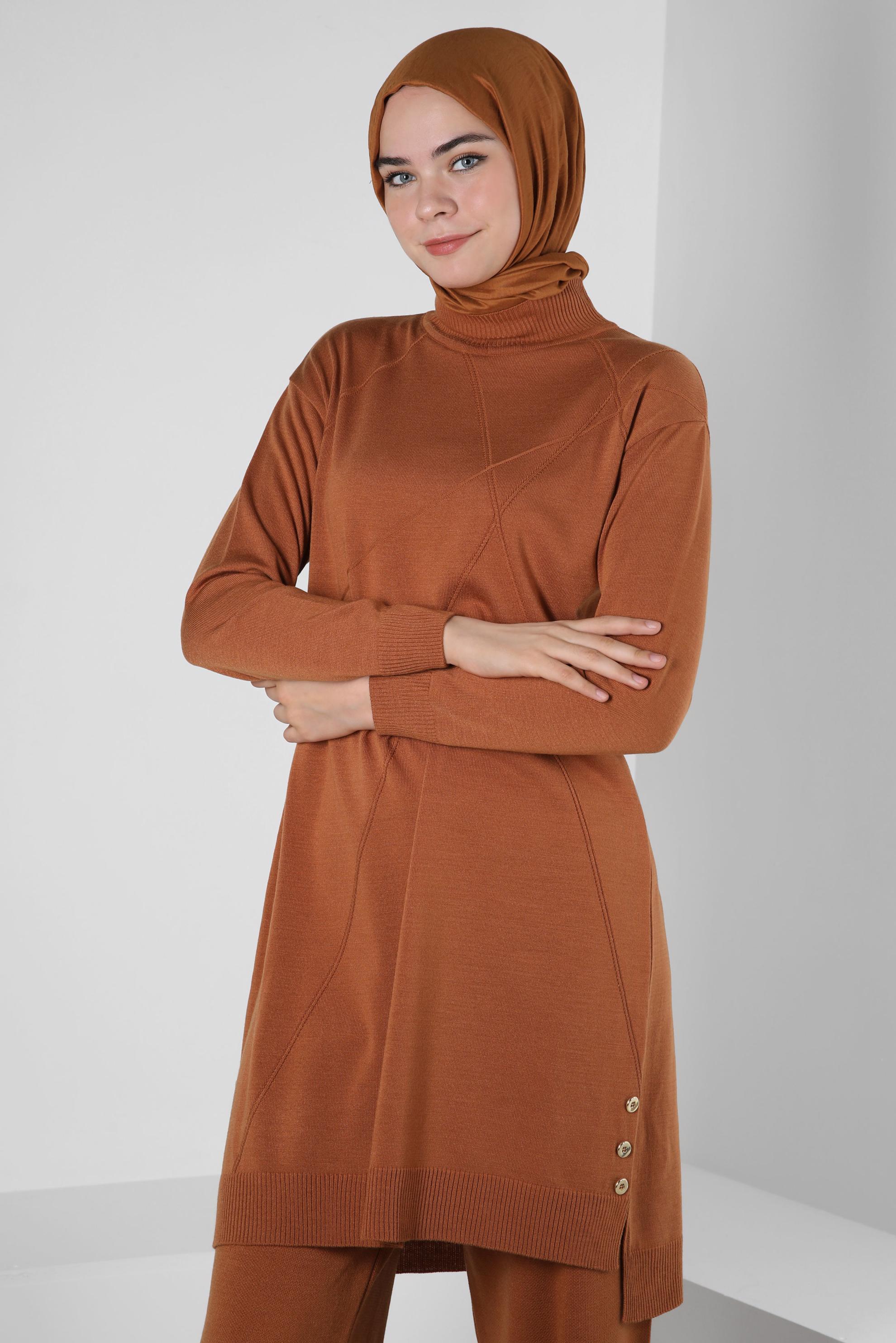 Tesettür giyim TURUNCU BOĞAZLI YAKA TRİKO TUNİK 44009