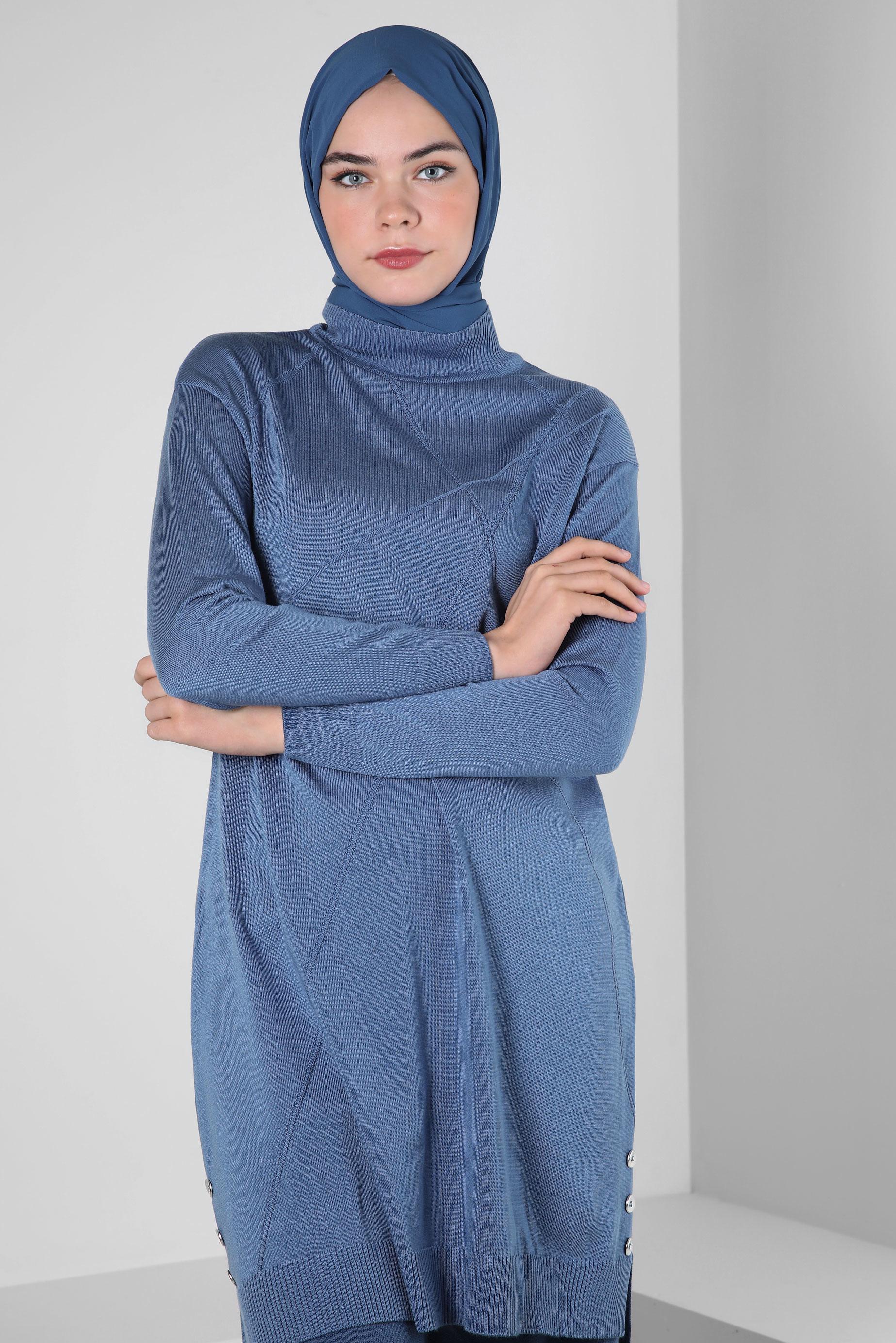 Tesettür giyim MAVİ BOĞAZLI YAKA TRİKO TUNİK 44009