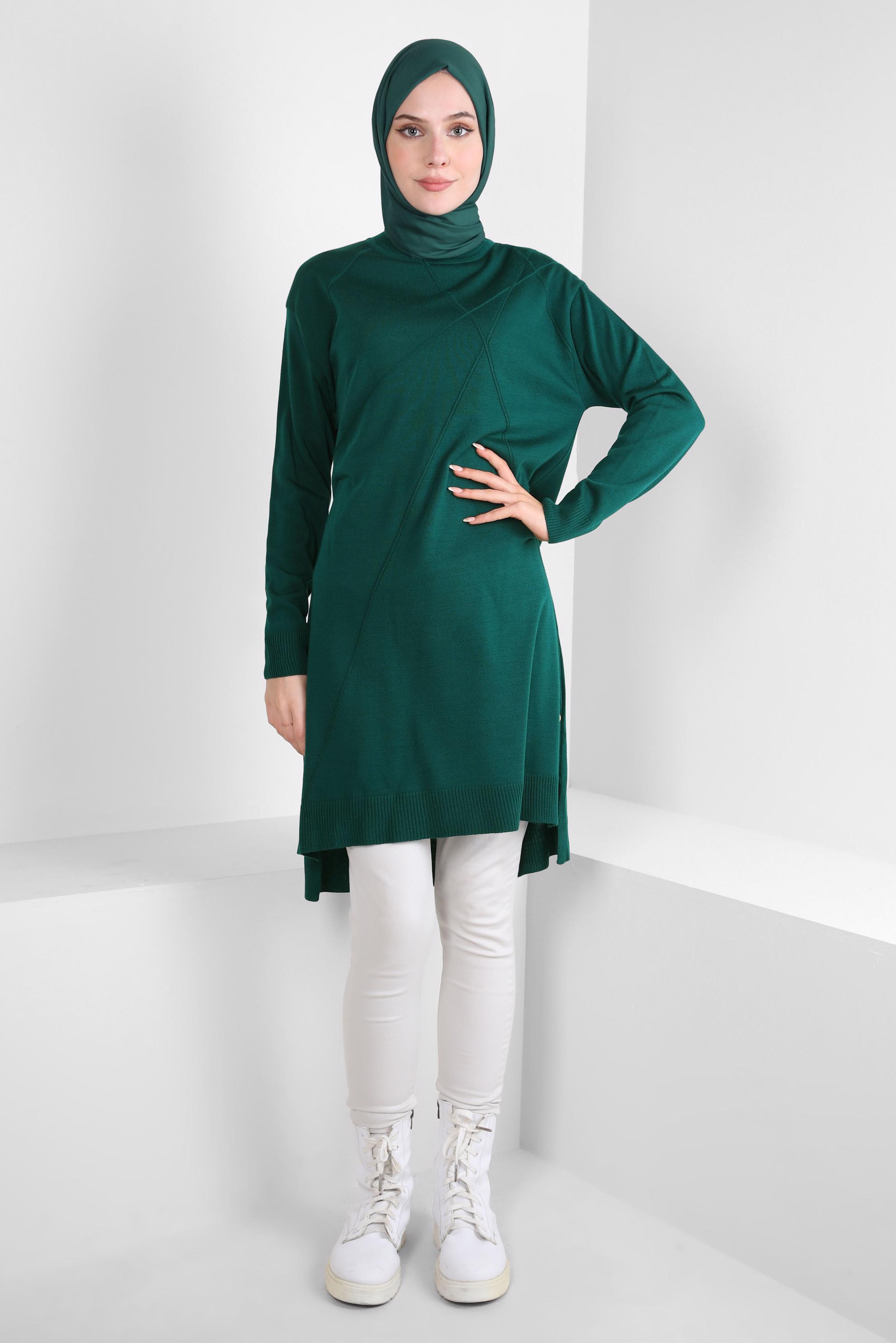 Tesettür giyim YEŞİL BOĞAZLI YAKA TRİKO TUNİK 44009
