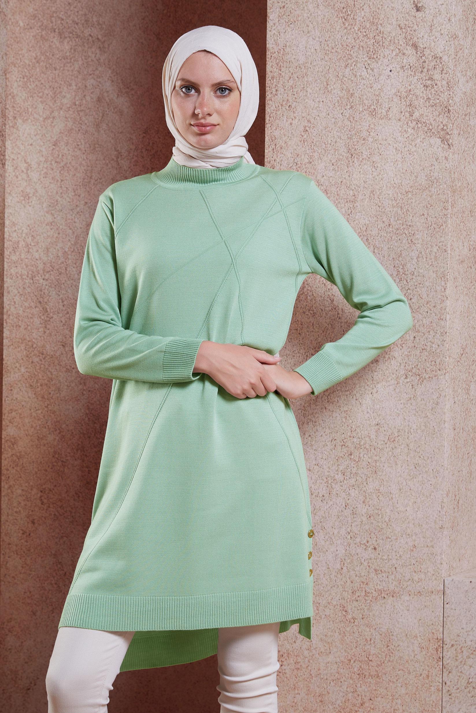 Tesettür giyim YEŞİL BOĞAZLI YAKA TRİKO TUNİK 44009